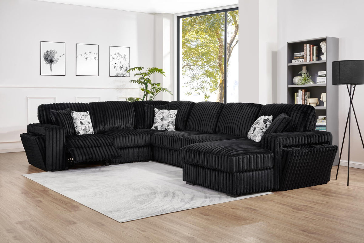 Black Corduroy Power Reclining 4-Piece Sectional with 2 Wireless Charger