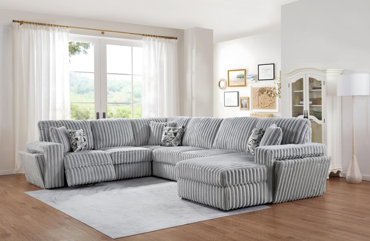 Gray Corduroy Power Reclining 4-Piece Sectional with 2 Wireless Charger