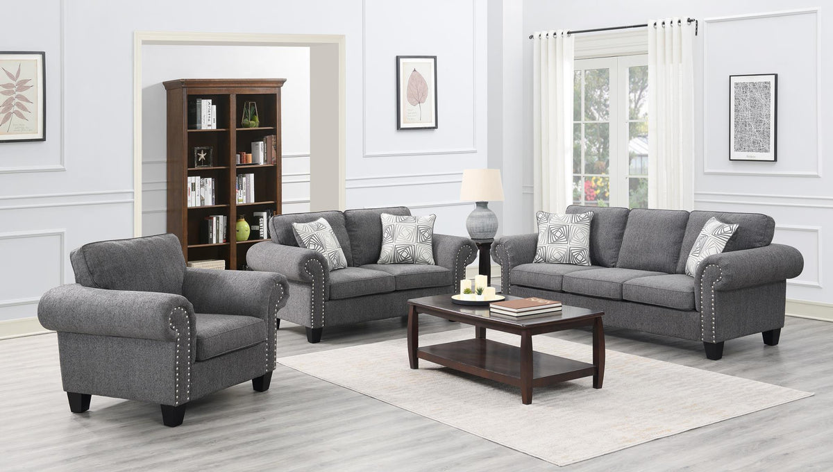 Charcoal Sofa, Loveseat & Chair