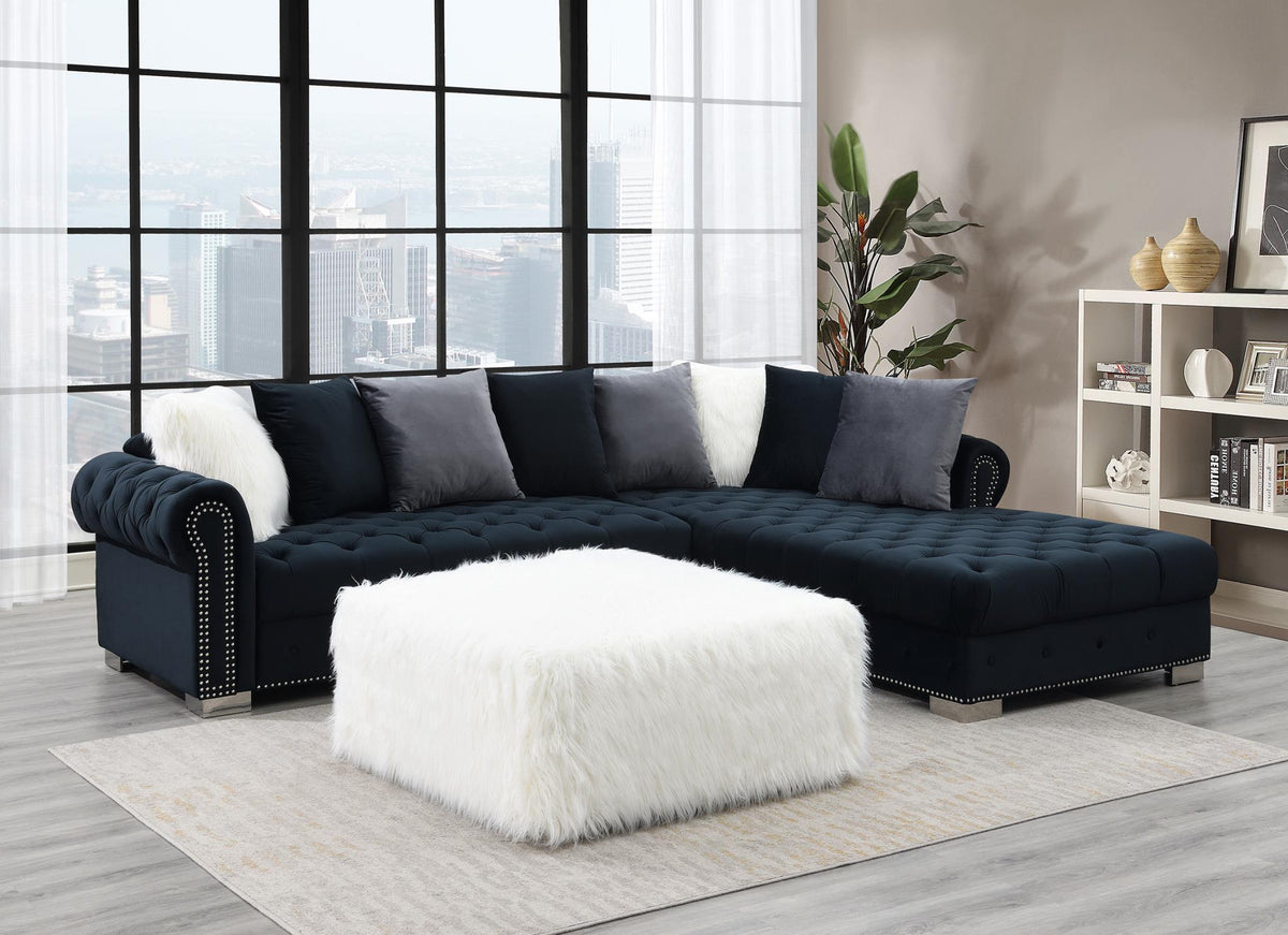 Black 2-Piece Sectional with Faux Fur Ottoman