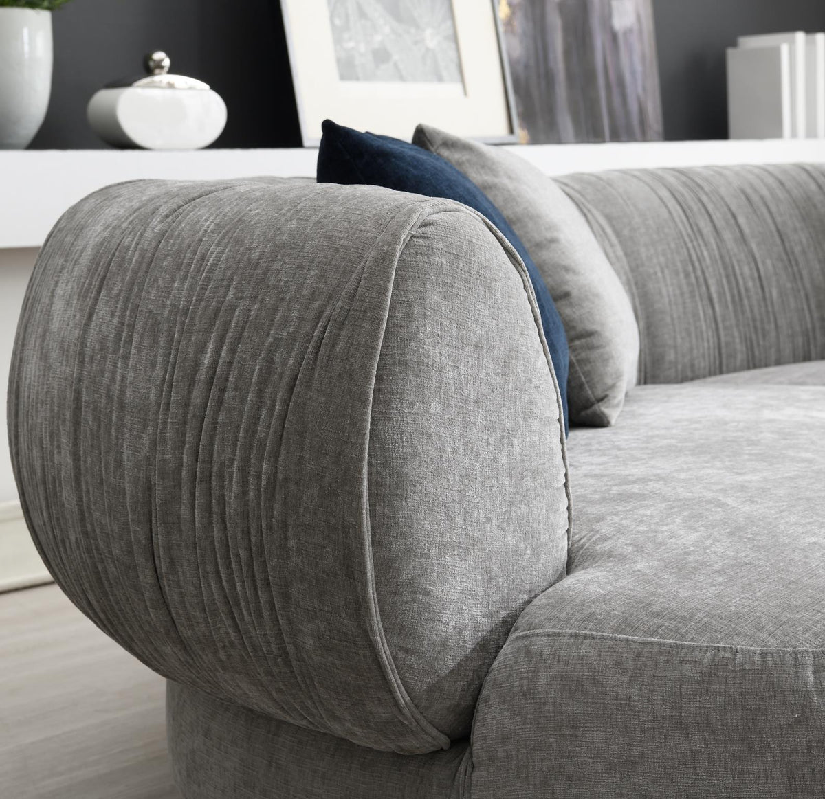 Gray Curved Modern Sofa with Blue Accent Chair