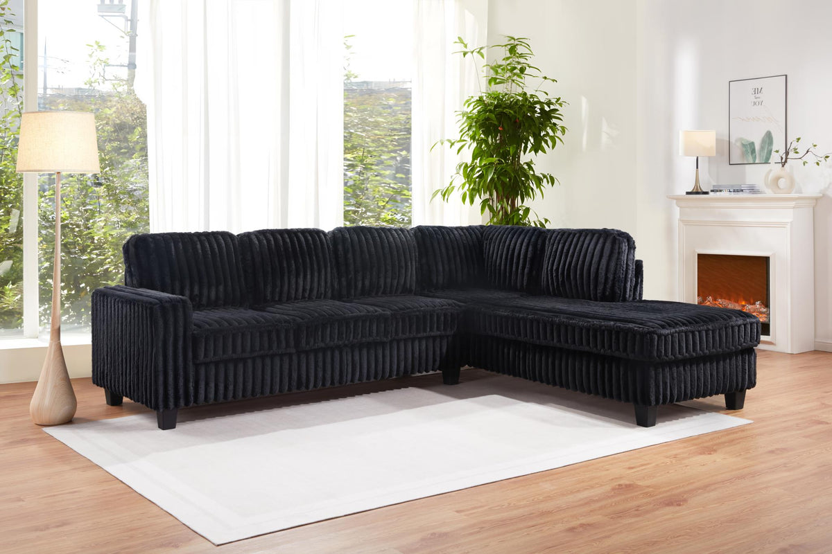 Black Corduroy 2-Piece Sectional with Ottoman