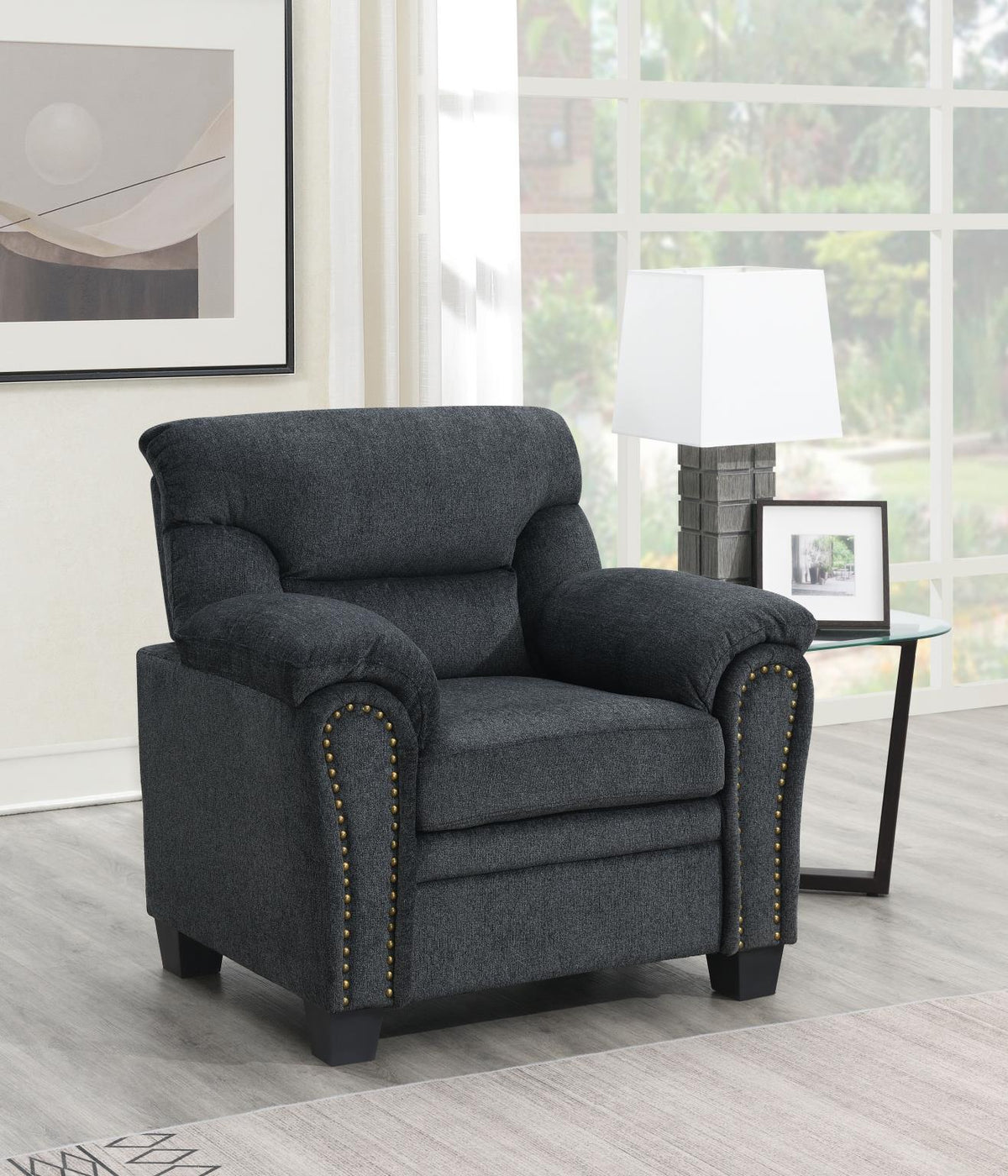 Charcoal Chenille Sofa with Nailhead Trim