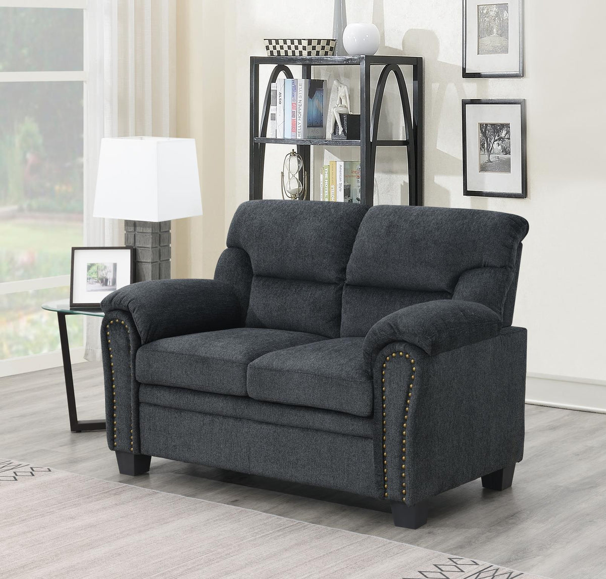 Charcoal Chenille Sofa with Nailhead Trim