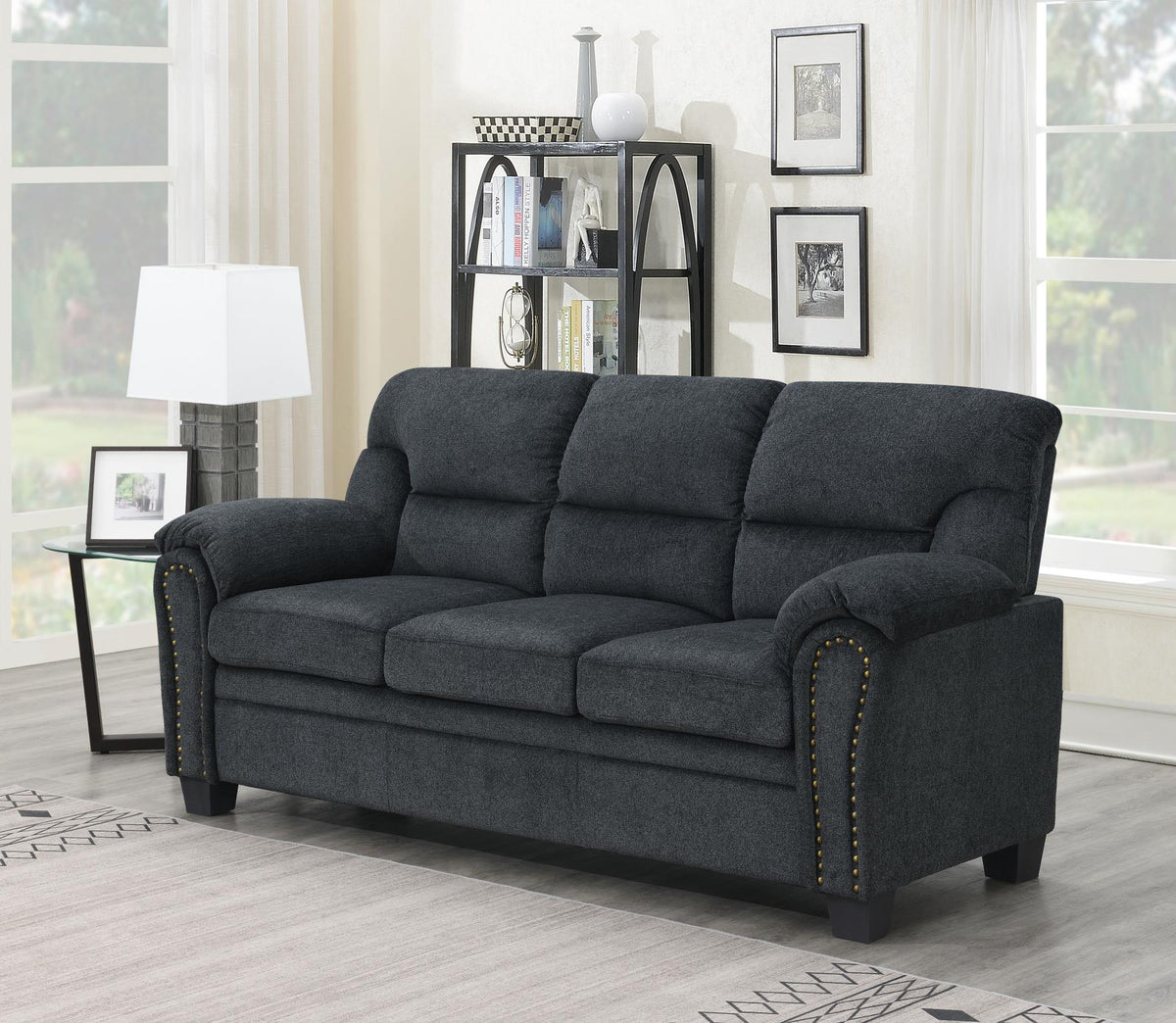 Charcoal Chenille Sofa with Nailhead Trim
