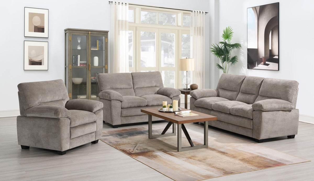 Light Brown Sofa, Loveseat & Chair