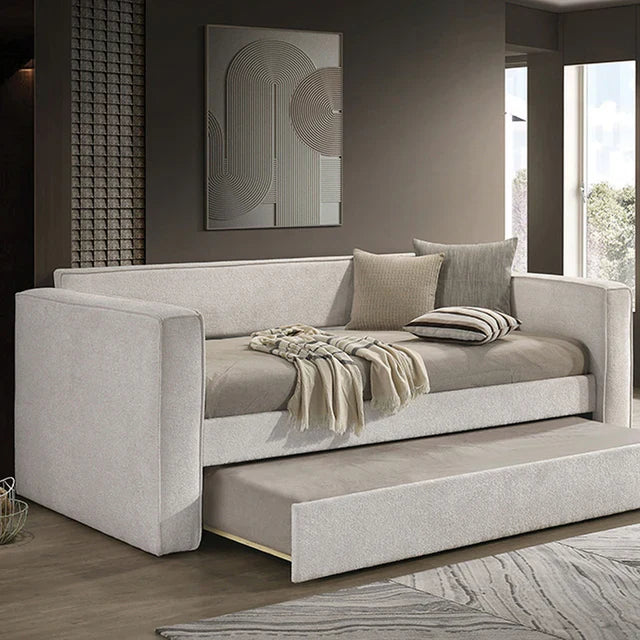 Walsall Contemporary Pearl White Fabric Fully Upholstered Twin Daybed with Trundle