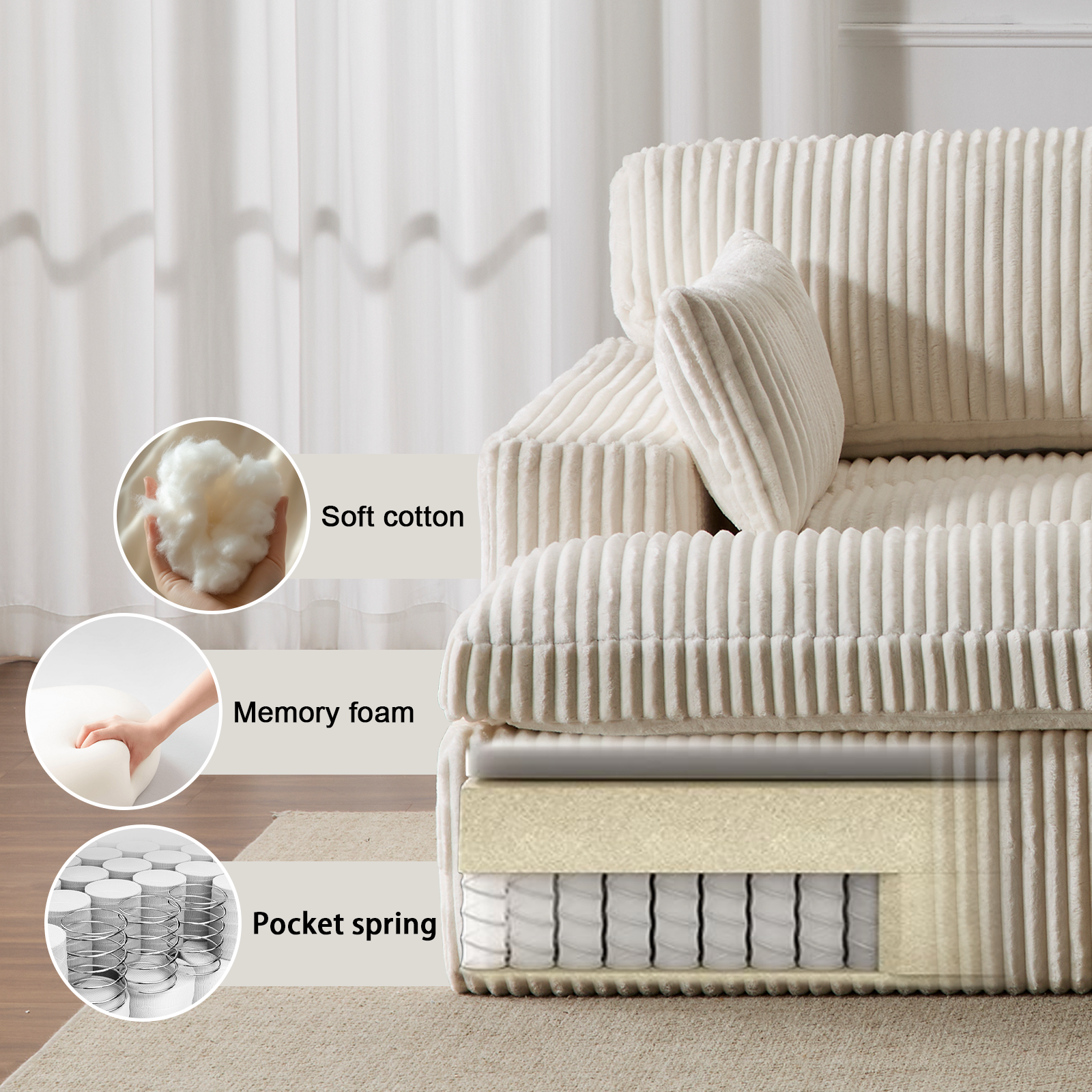 Erwin Double Chaise Modular Sectional Sofa with Corduroy Upholstery
