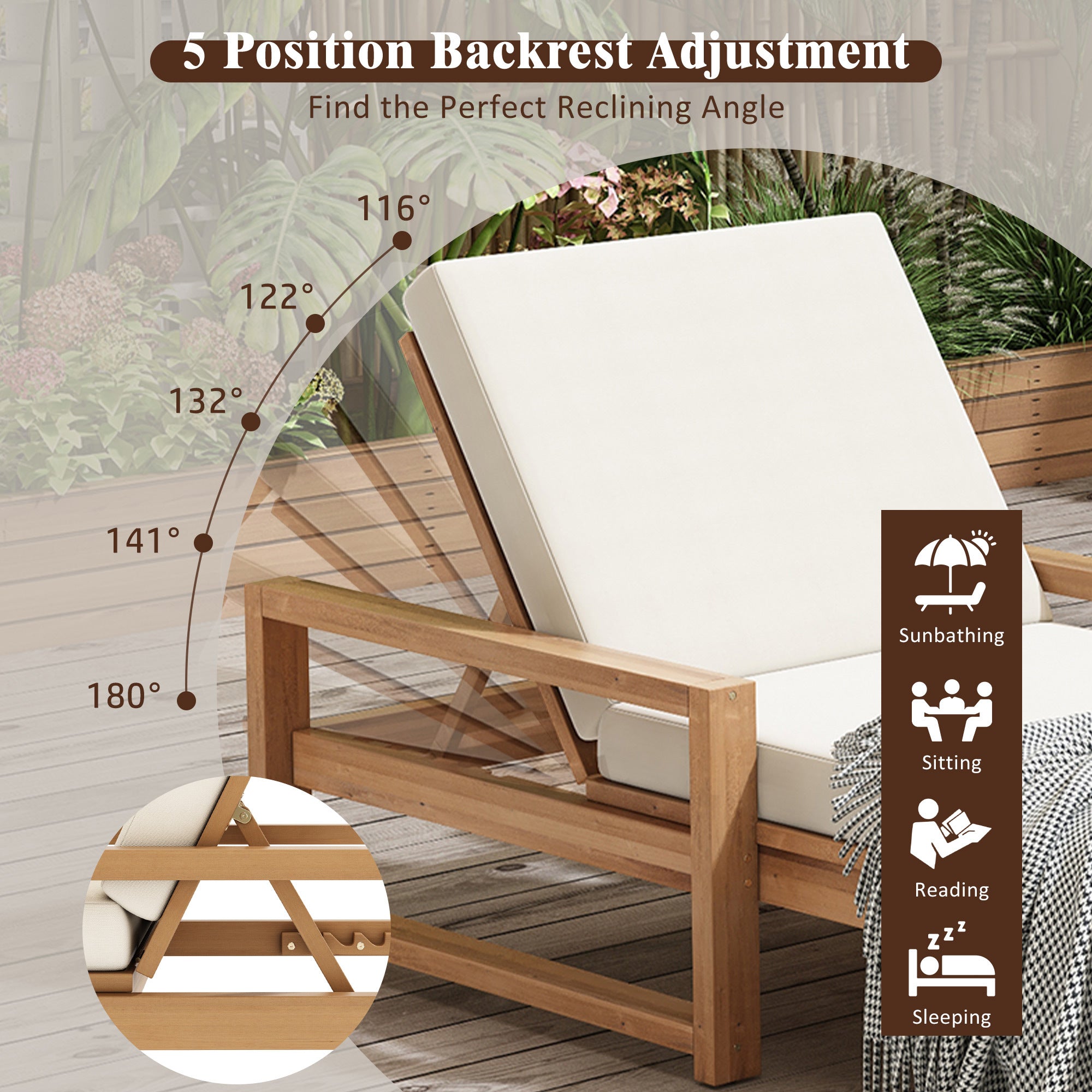 Trexm Outdoor Chaise Lounge Adjustable Back - Light Teak