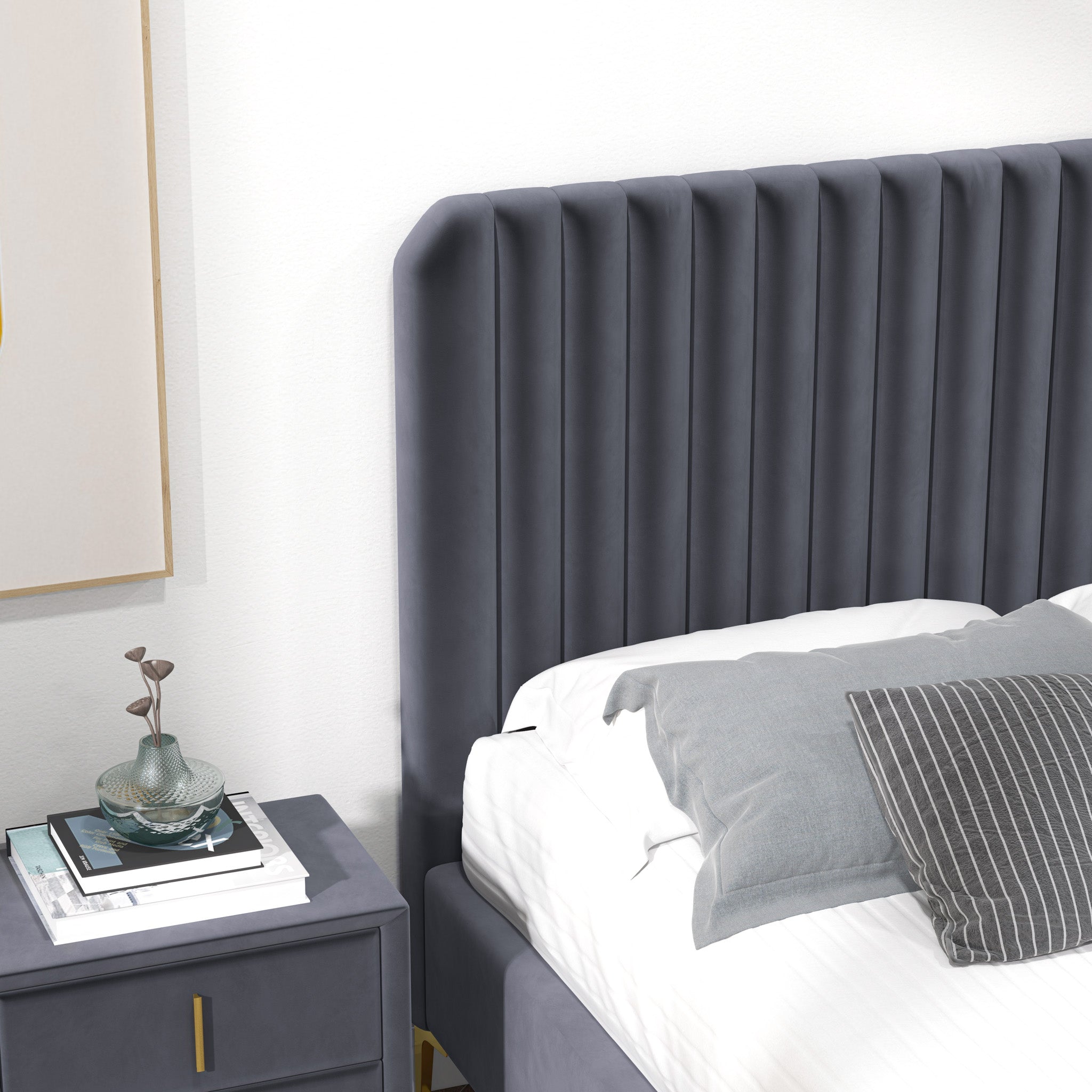 Angela Queen Grey Velvet Platform Bed