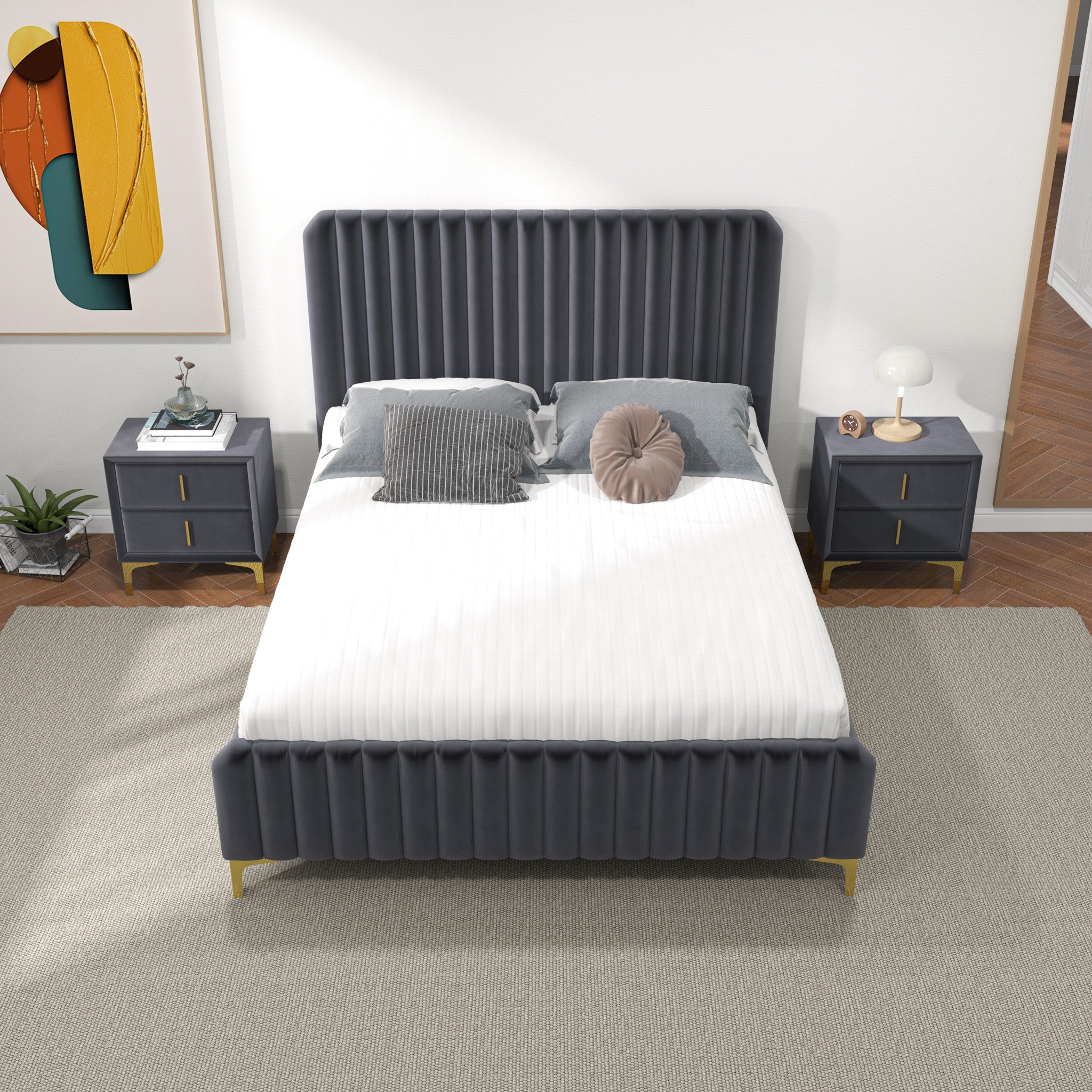 Angela Queen Grey Velvet Platform Bed