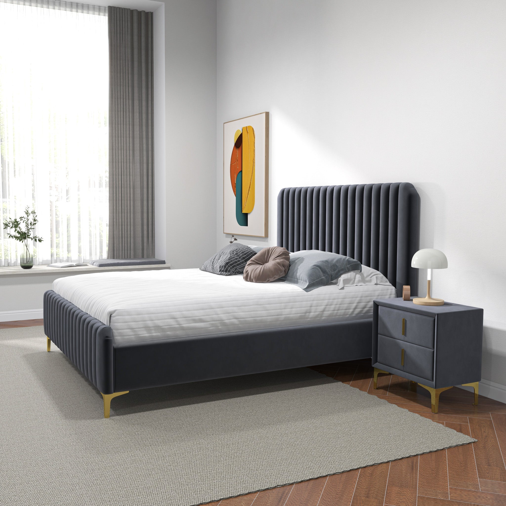 Angela Queen Grey Velvet Platform Bed