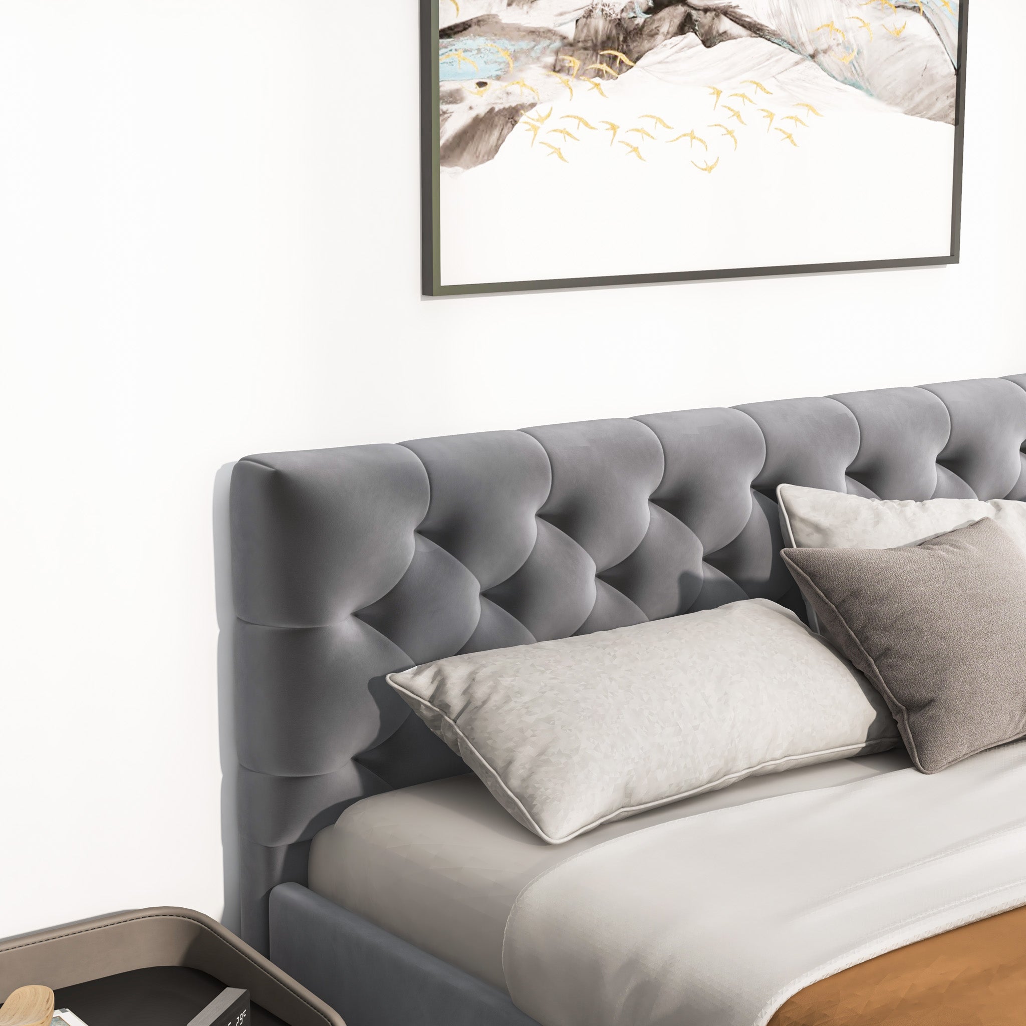 Beverly King Dark Grey Velvet Platform Bed