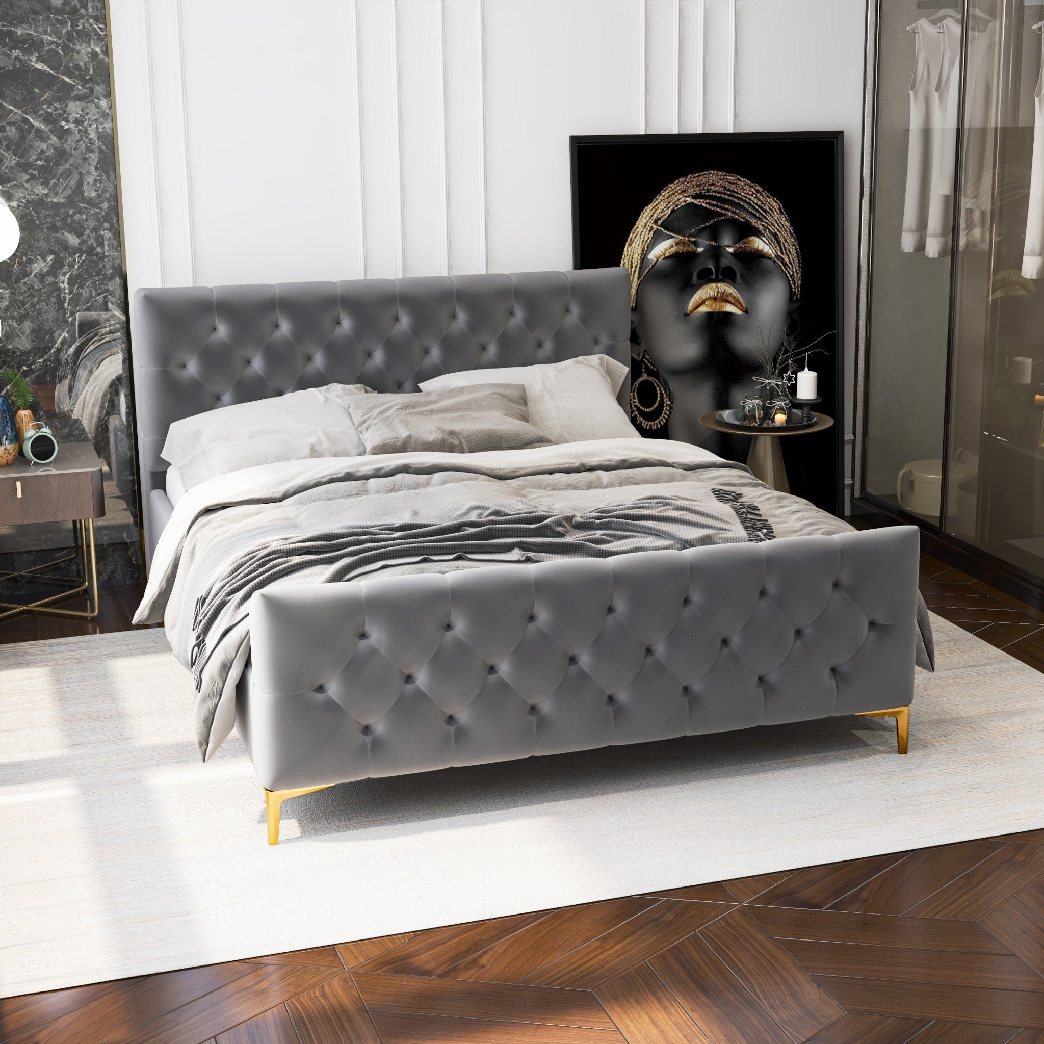 Beverly Queen Dark Grey Velvet Platform Bed