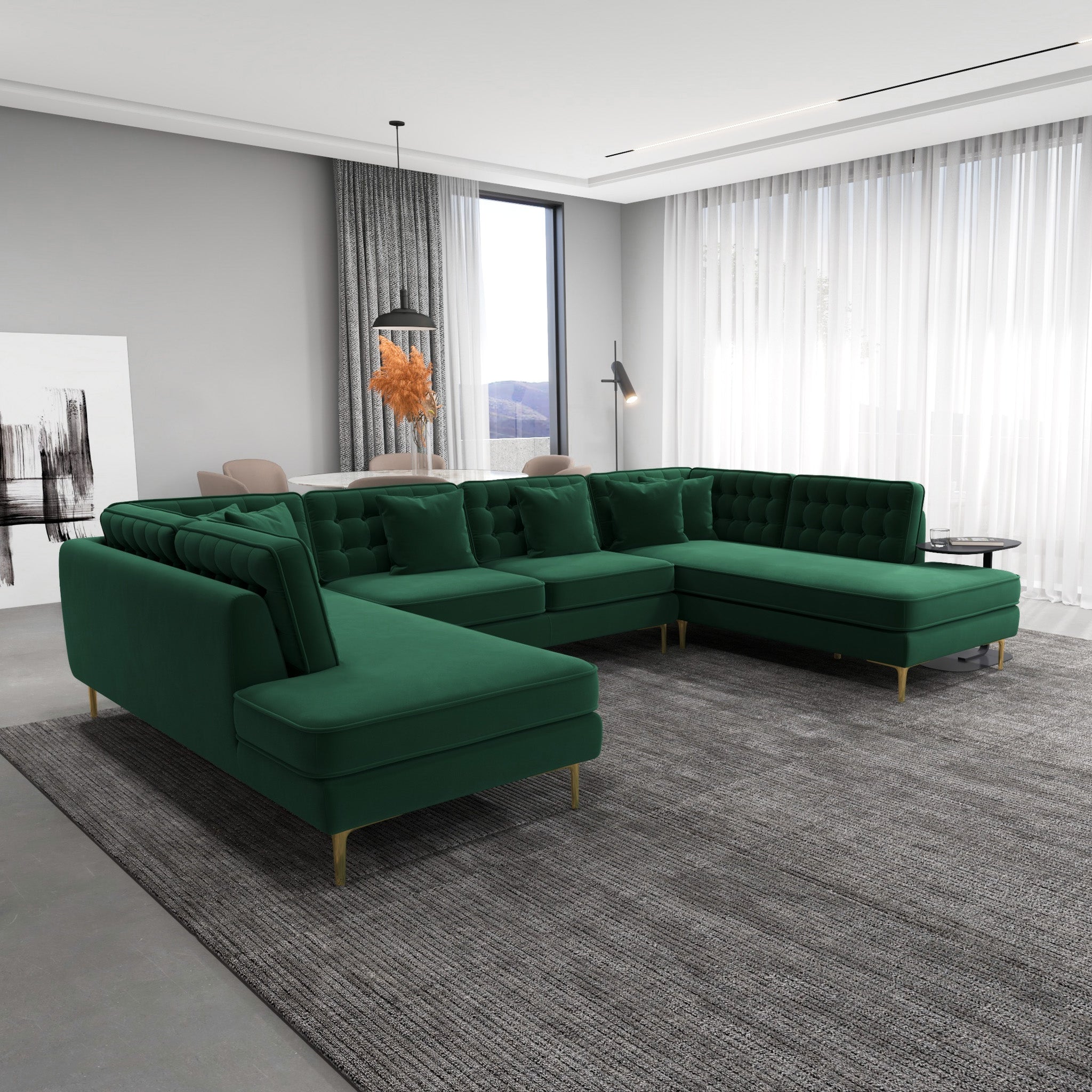 Caleb Dark Green Velvet U Shape Corner Sofa