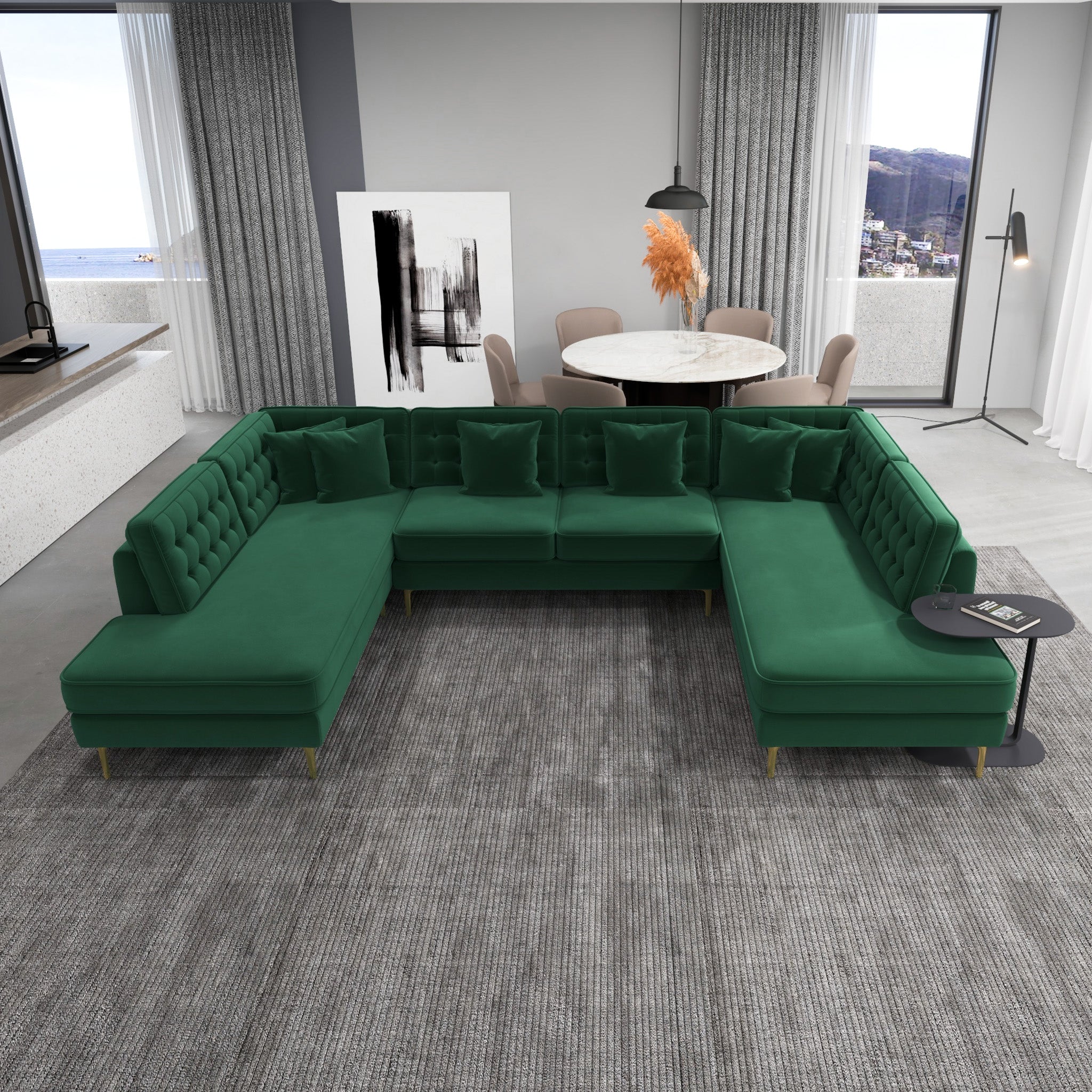 Caleb Dark Green Velvet U Shape Corner Sofa