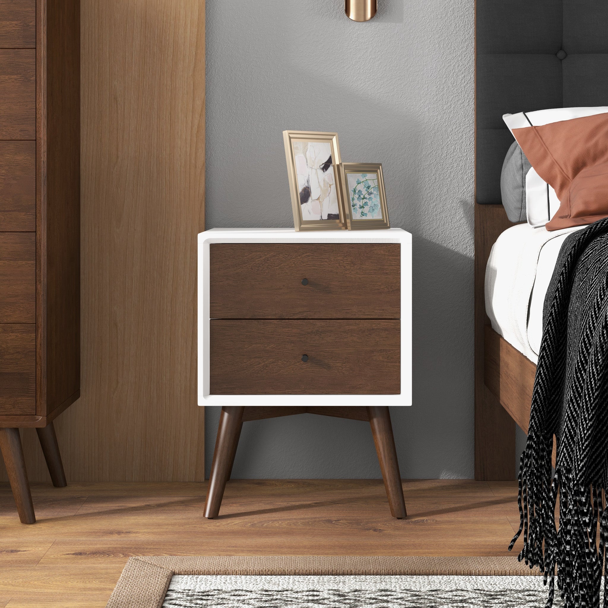 Noak White Walnut Mid Century Modern Style Nightstand