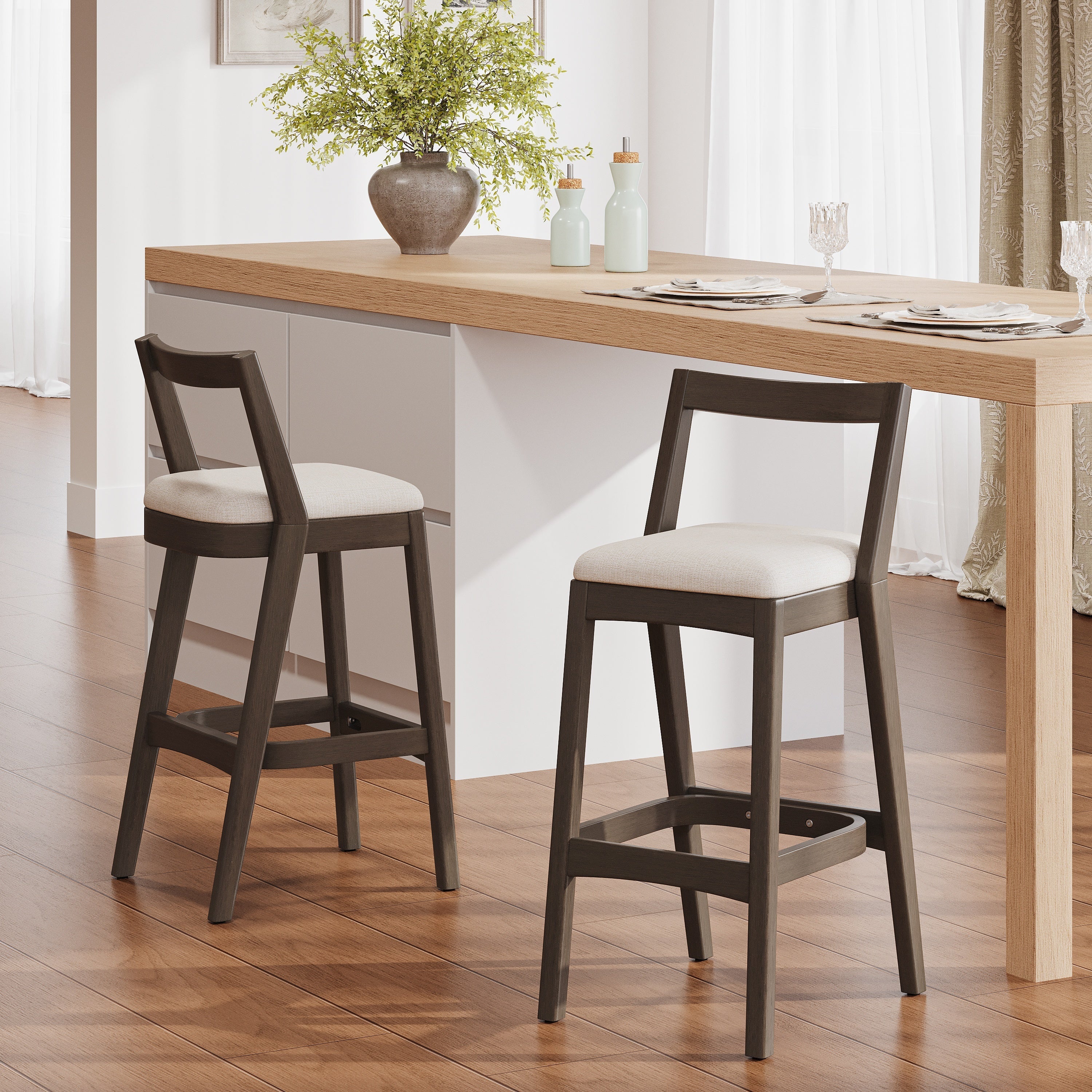 Jasper Indoor Rubberwood Barstool with Beige Upholstery in Dark Brown Finish, Set of 2