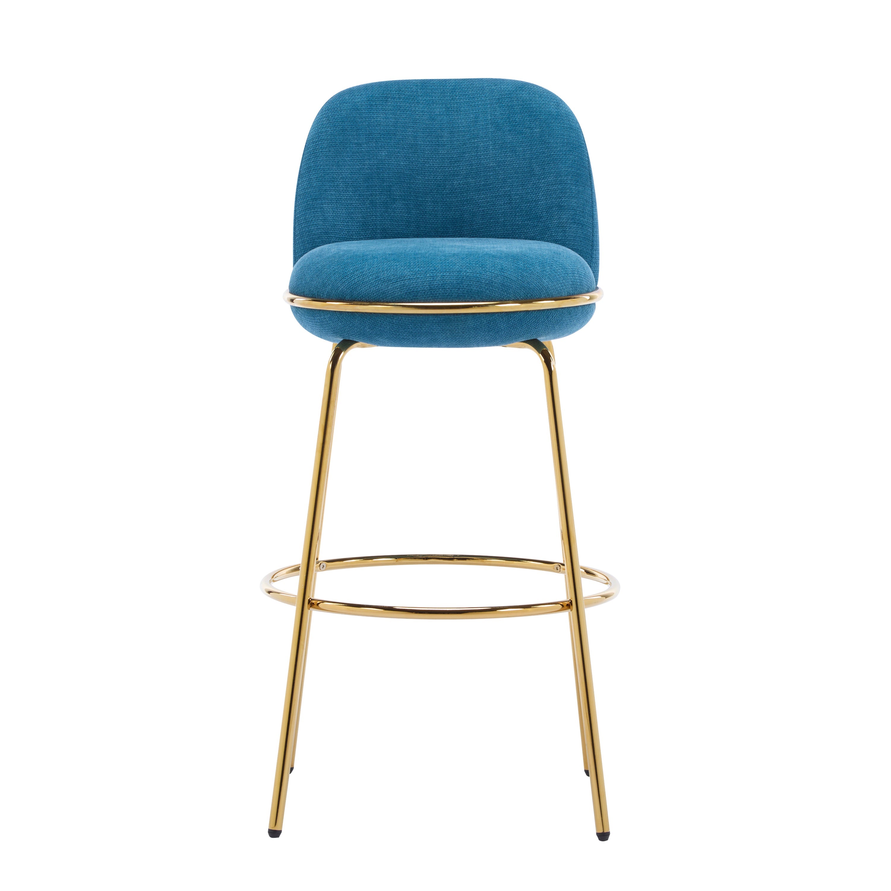 Rio Claro Indoor Metal Upholstered Barstool with Gold Finished Frame and Blue Upholstery, Set of 2