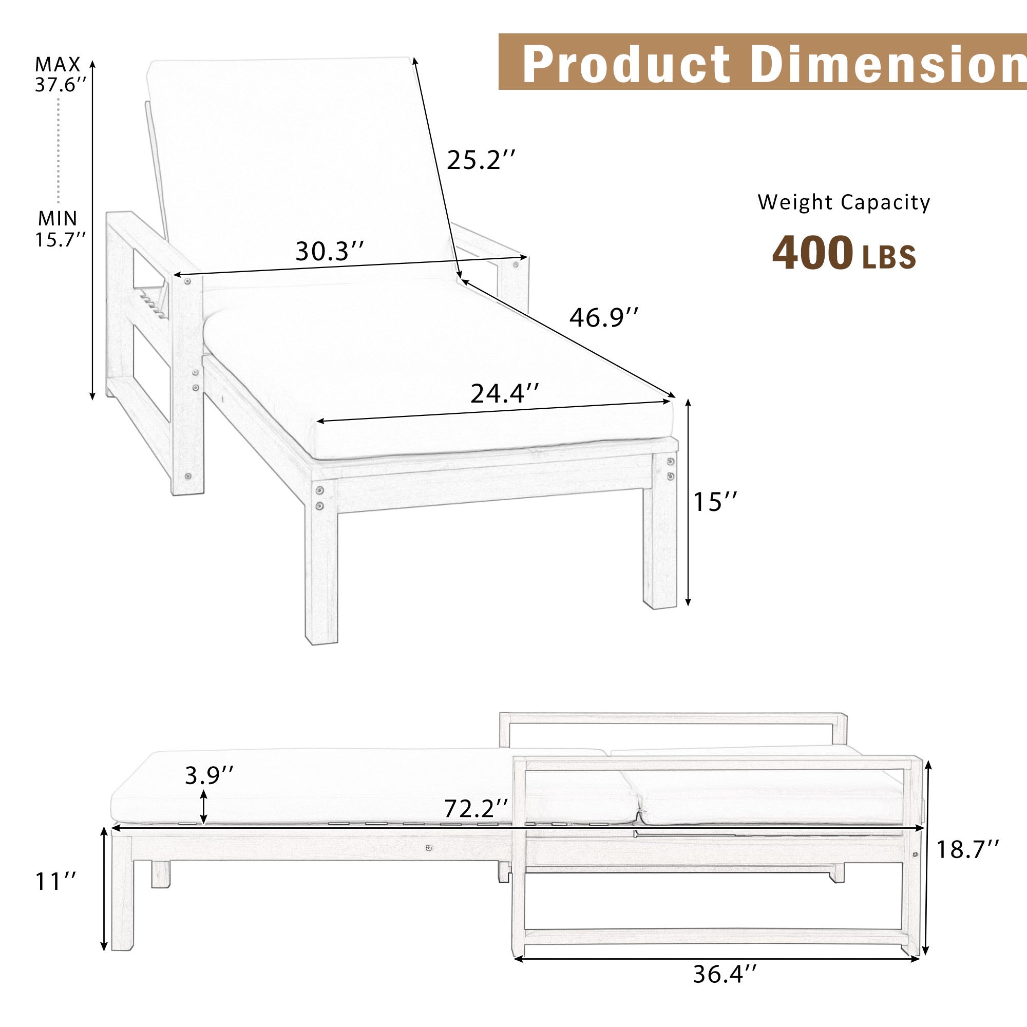 Trexm Outdoor Chaise Lounge Set Adjustable Back - Gray