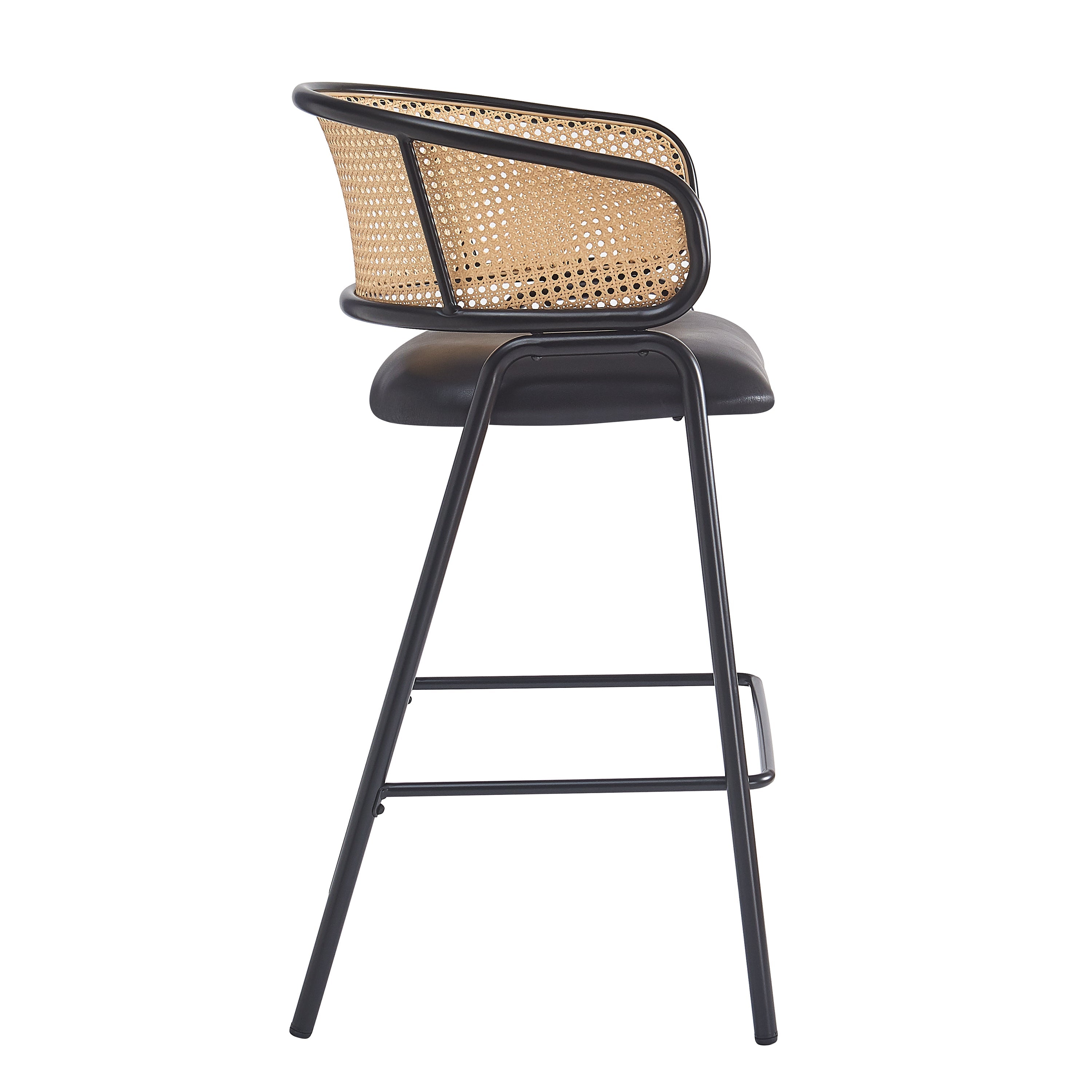 Ethan Indoor Metal Upholstered Barstool, Faux Leather Seat With Wowen Rattan Decorated Backrest, Set of 2