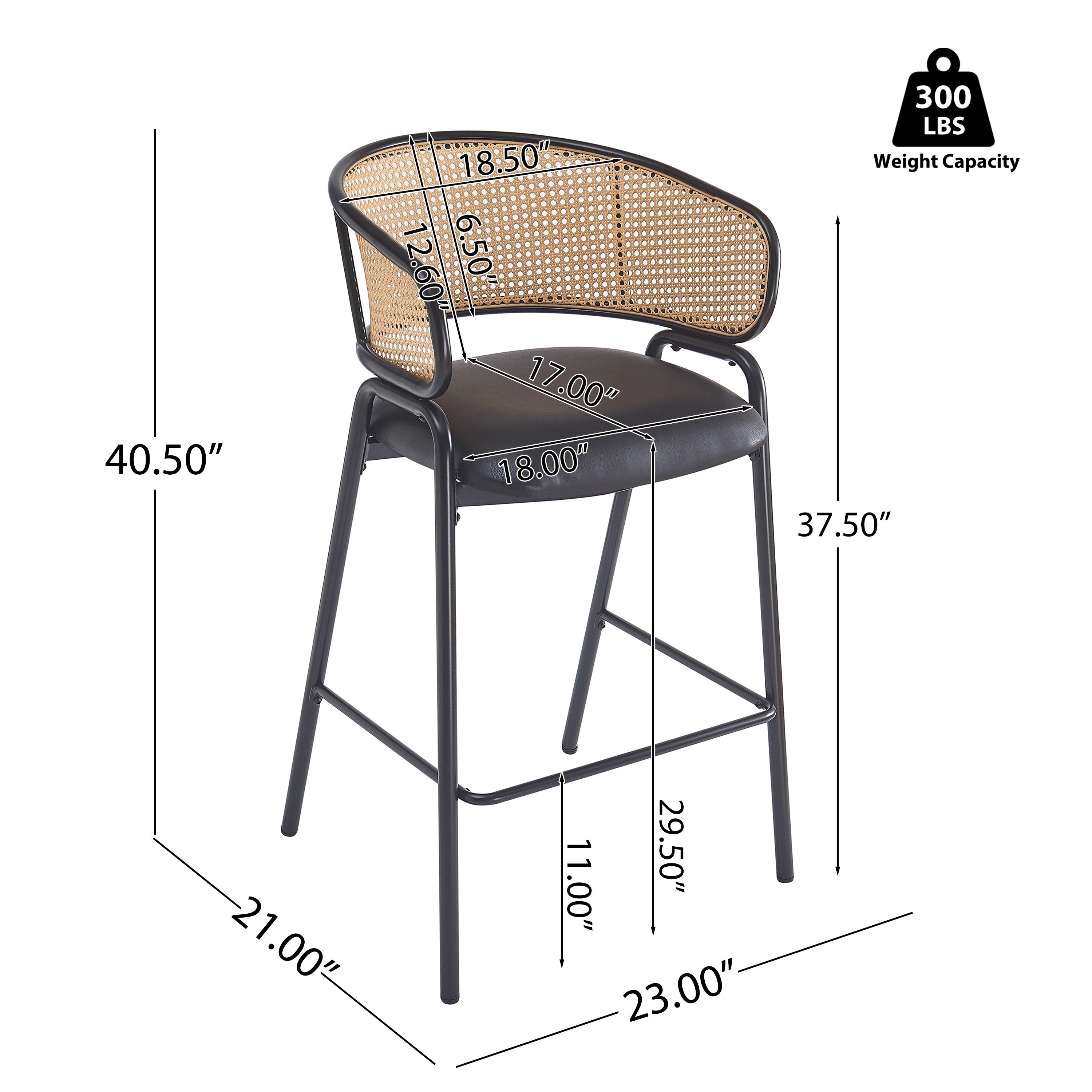 Ethan Indoor Metal Upholstered Barstool, Faux Leather Seat With Wowen Rattan Decorated Backrest, Set of 2
