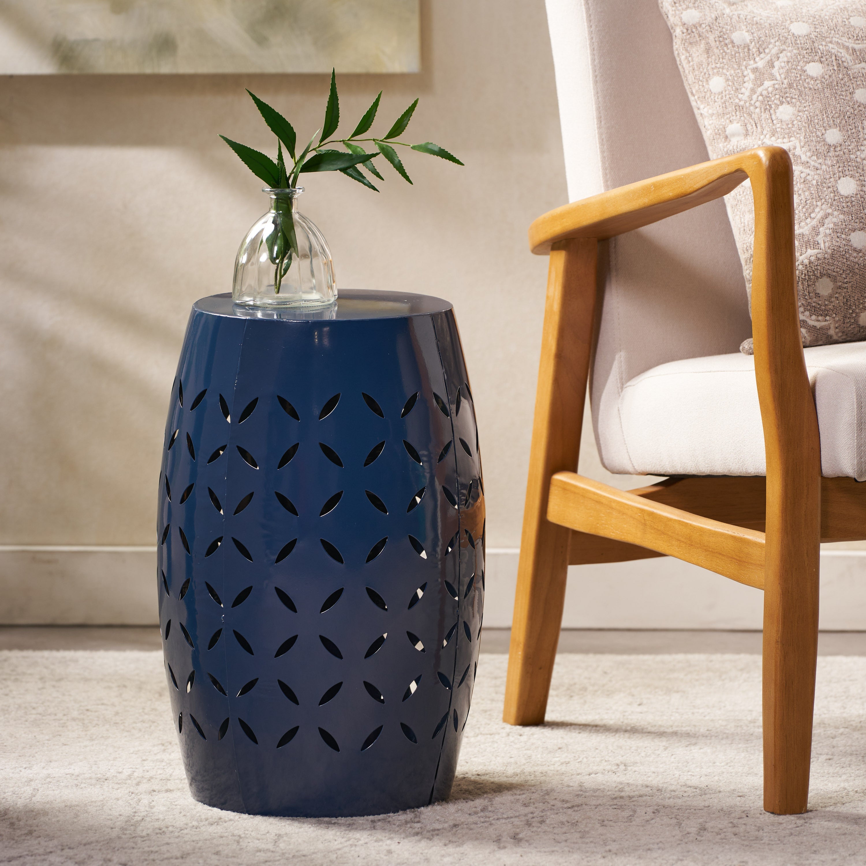 Lace-Cut Outdoor Side Table Patio Accent - Navy Blue