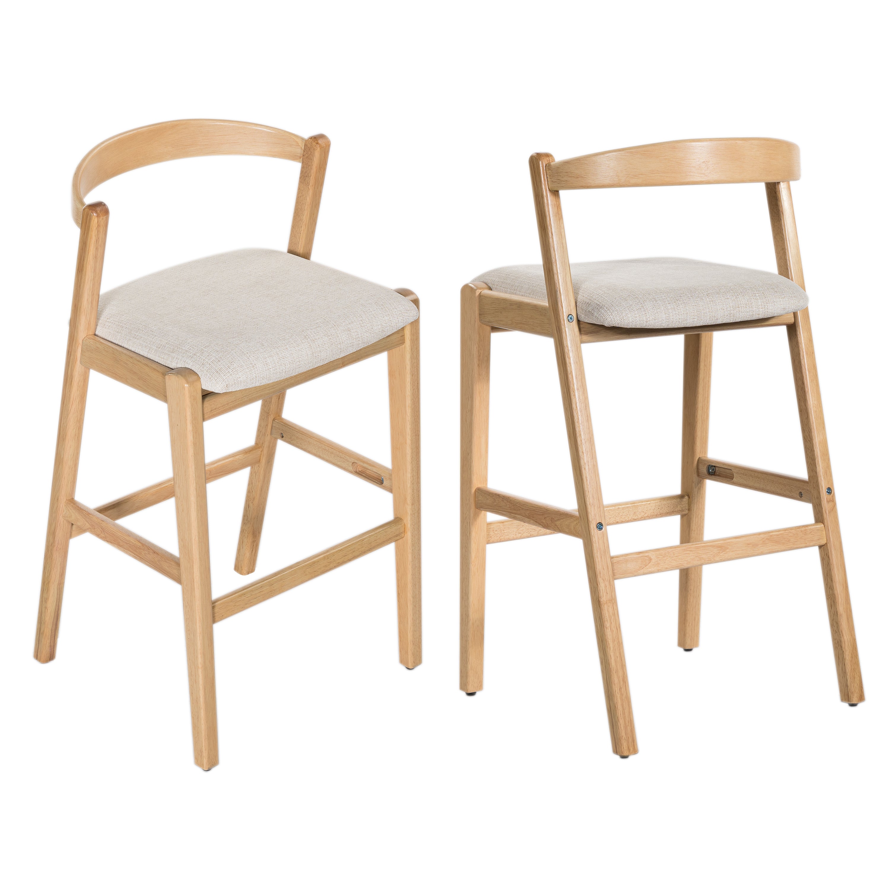 Balmain Indoor Rubberwood Barstool, Natural Finished and Beige Upholstery, Set of 2