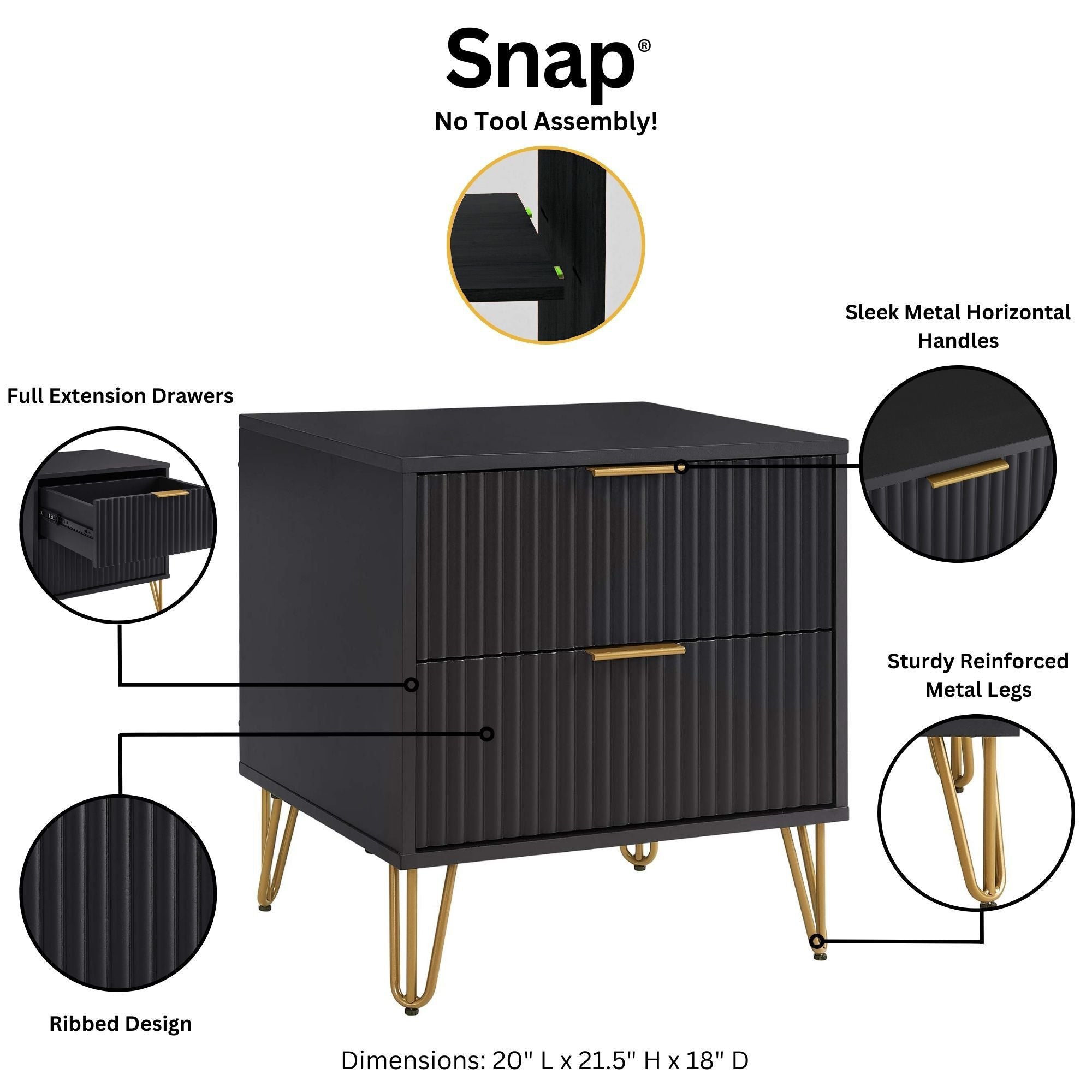 Dumbo Nightstand 2 Drawers - Black