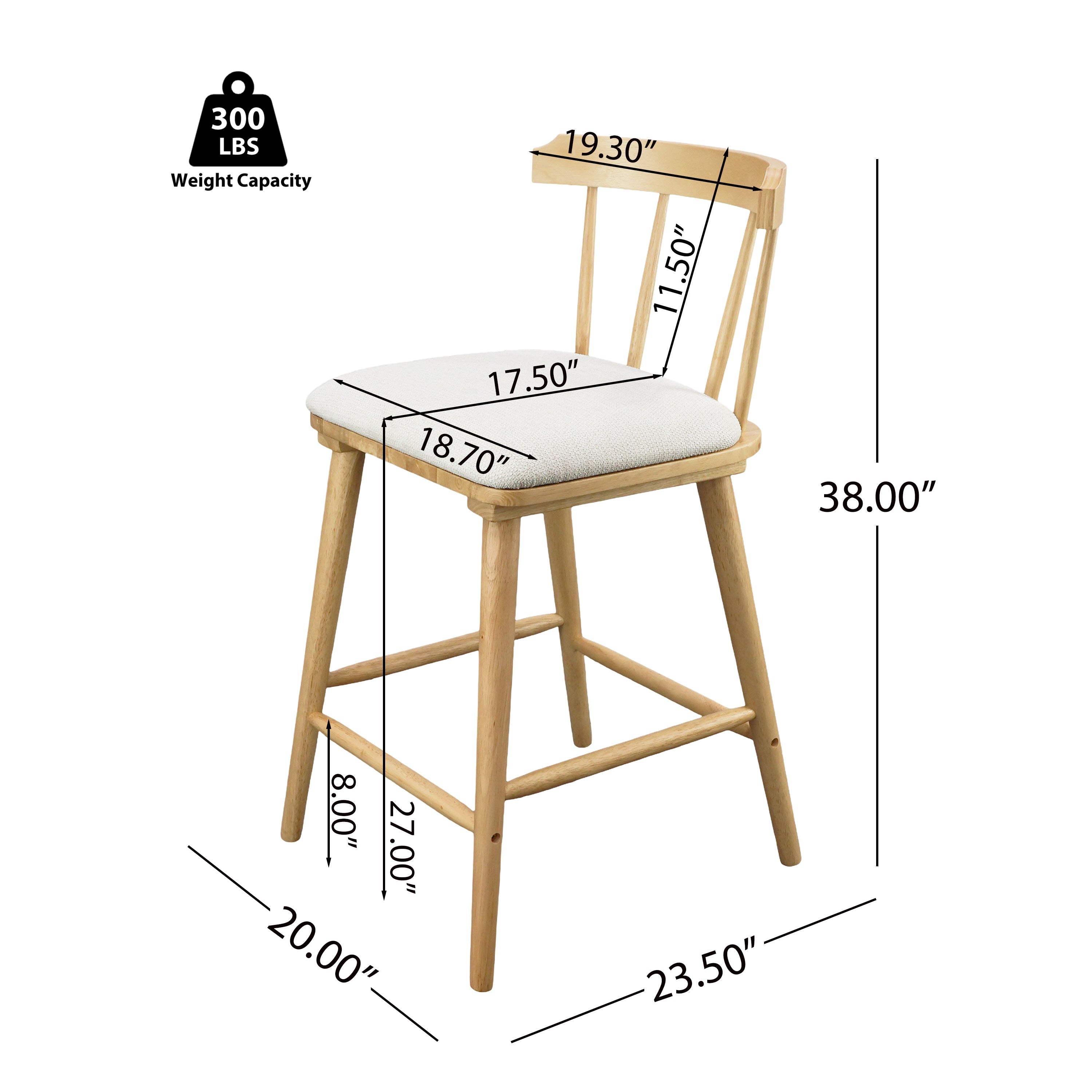 Olivia Indoor Wooden Upholstered Counter Stool, Natural Finish with Beige Upholstery, Windsor Style, Set of 2