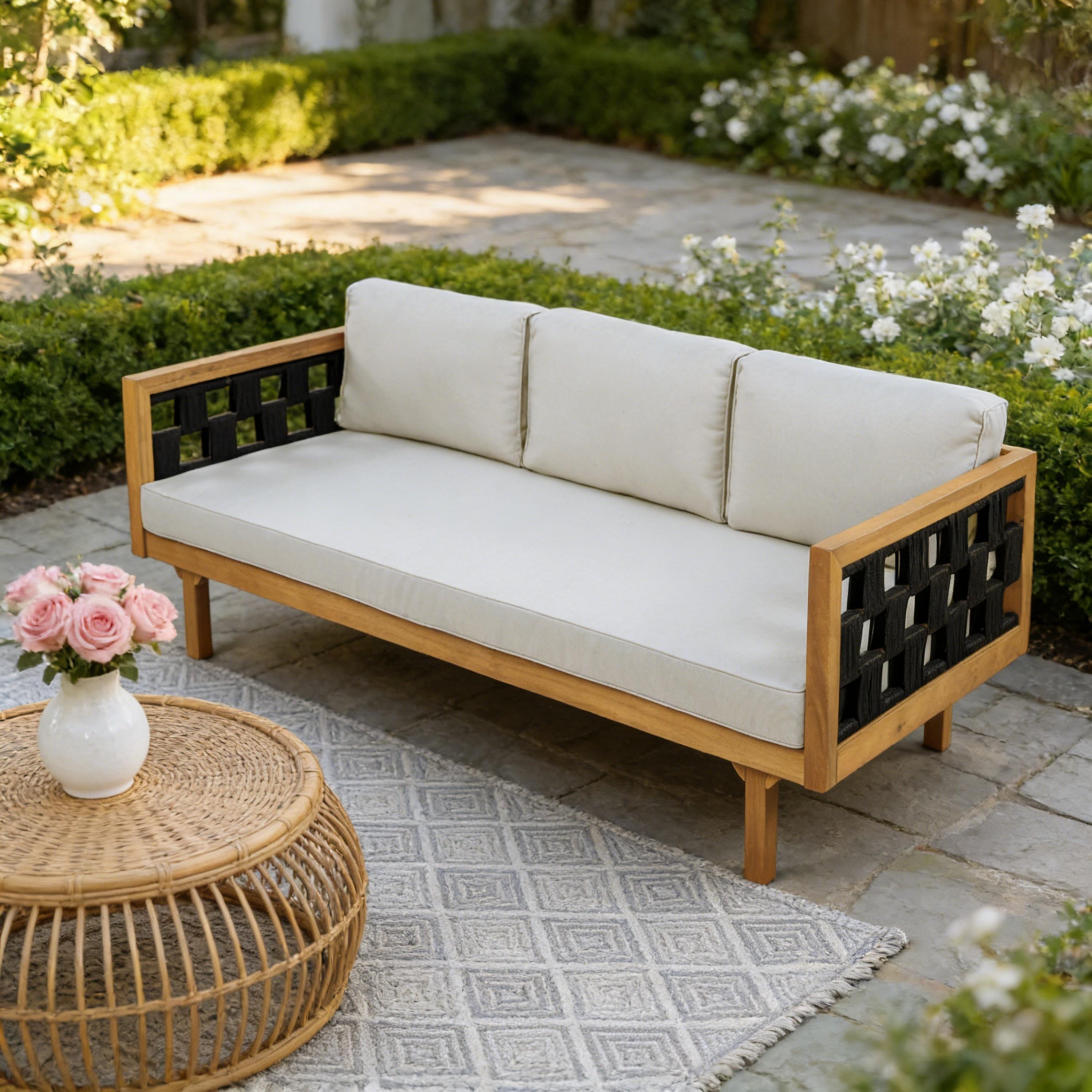 Three-Seater Outdoor Canopy Daybed Cushioned Seating - Teak