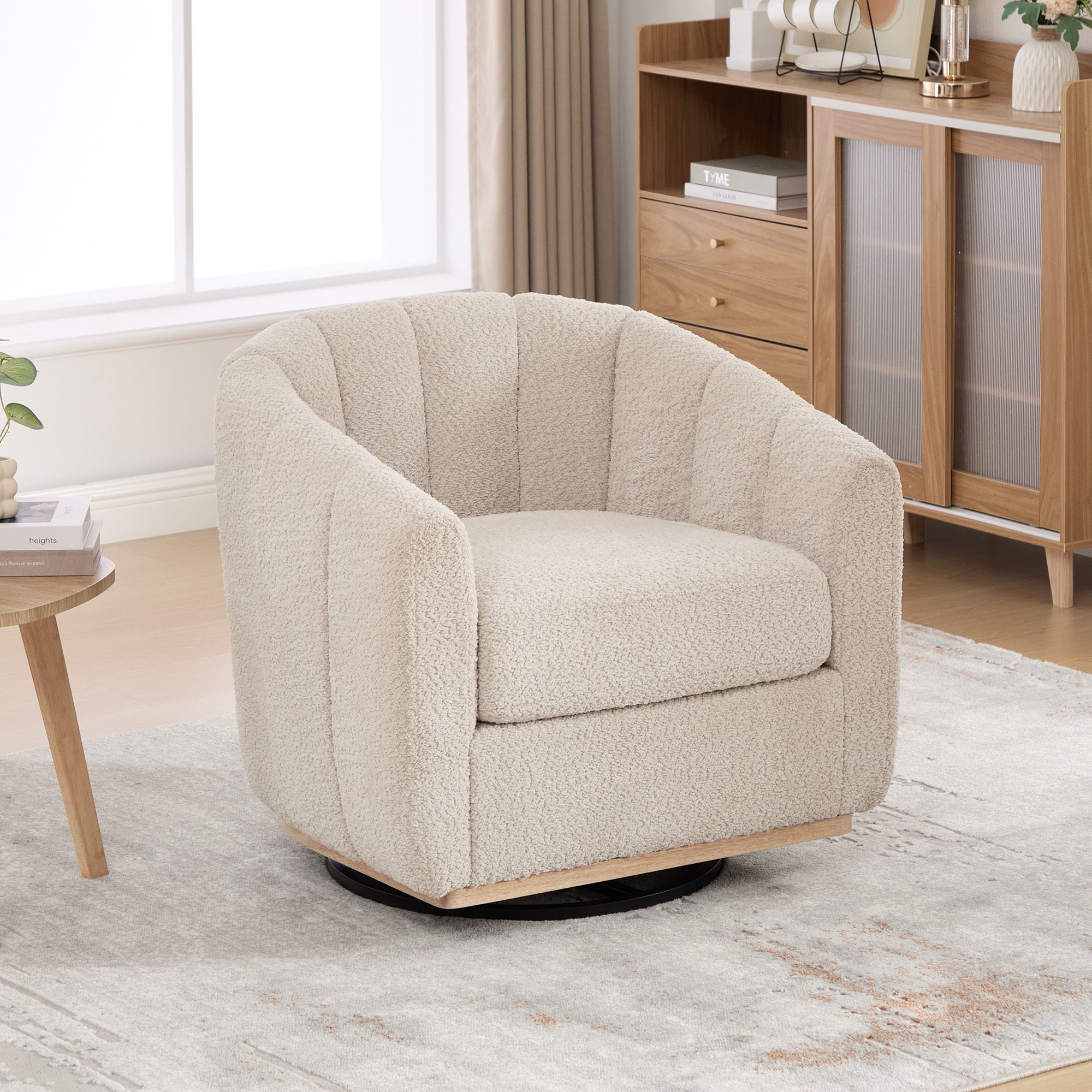 Eaton Wheat Swivel Barrel Chair with Metal Base and Tufted-Chenille Upholstery