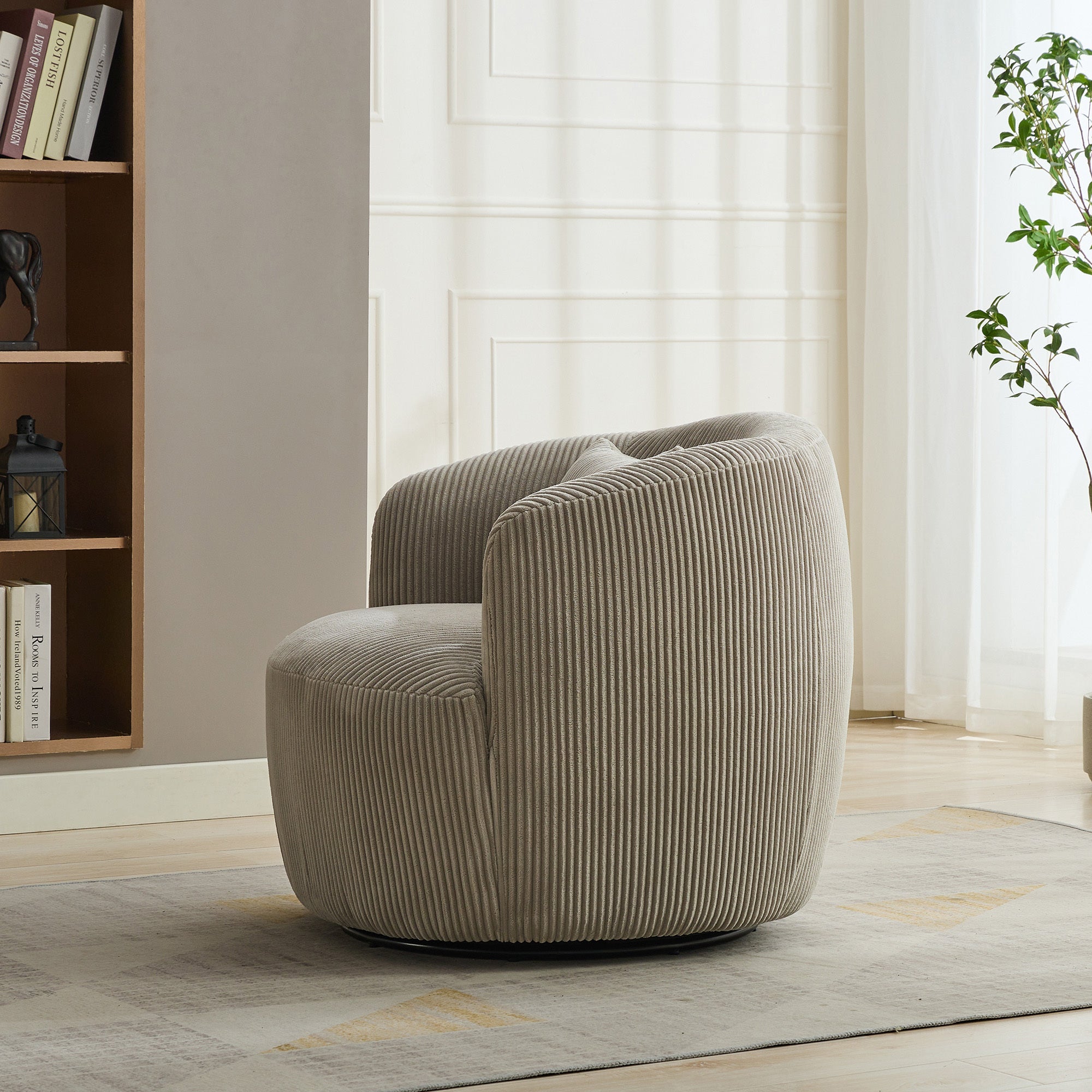 Brunswick Corduroy Upholstered 360° Metal Base Swivel Barrel Chair with Pillow