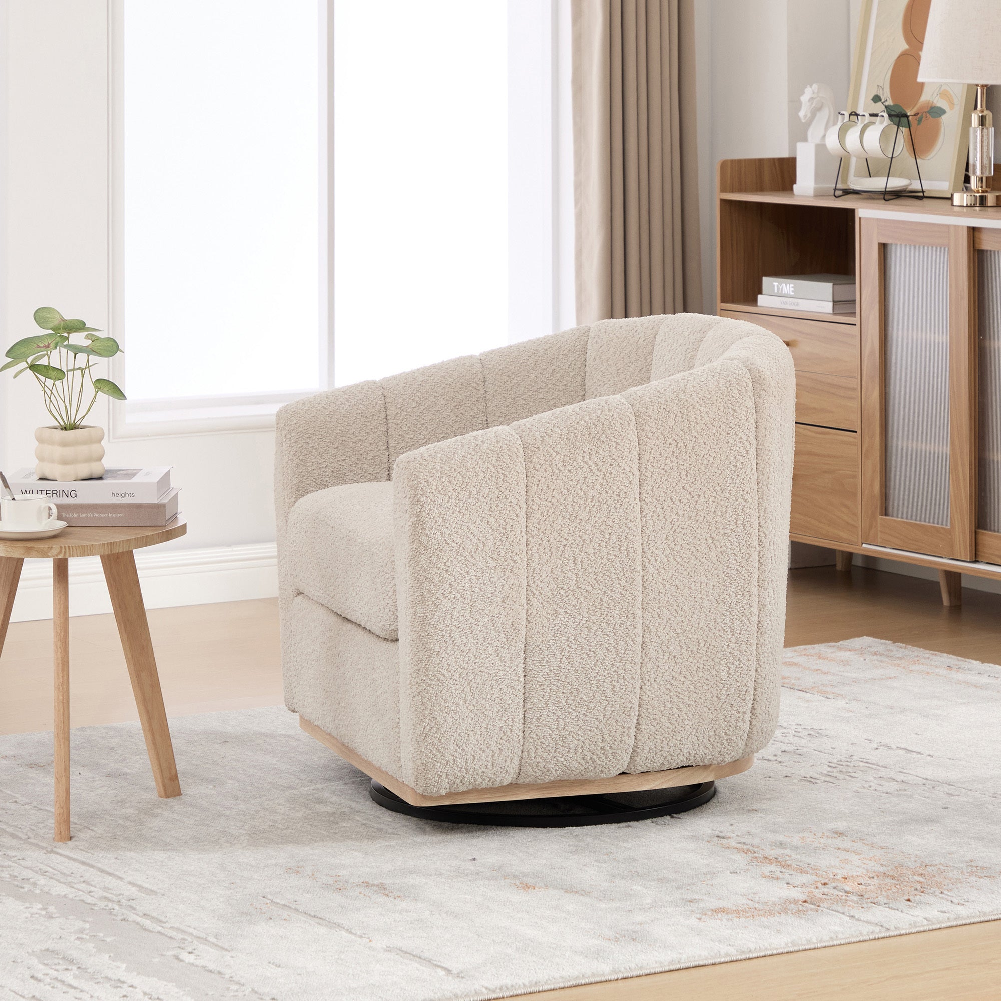 Eaton Wheat Swivel Barrel Chair with Metal Base and Tufted-Chenille Upholstery