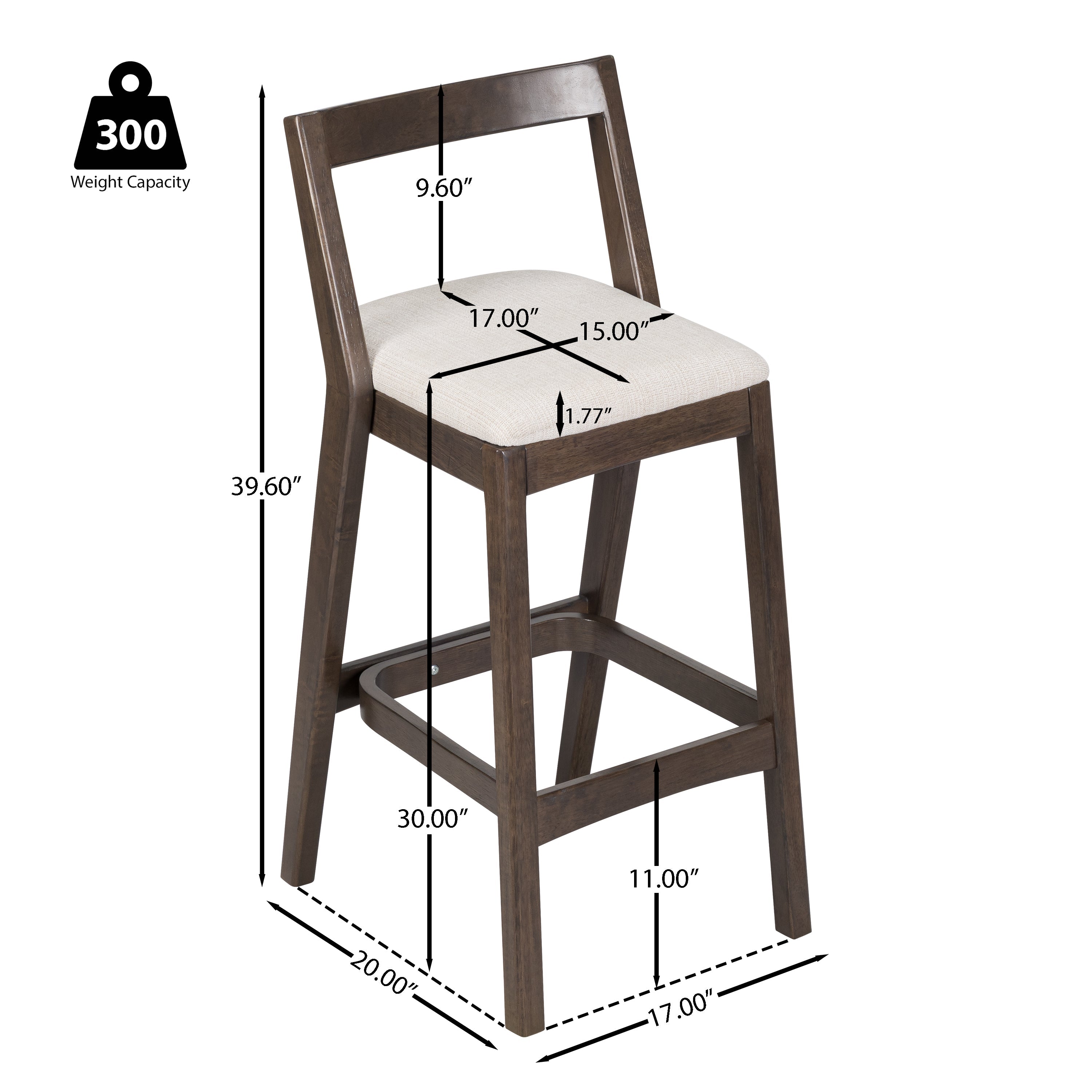 Jasper Indoor Rubberwood Barstool with Beige Upholstery in Dark Brown Finish, Set of 2