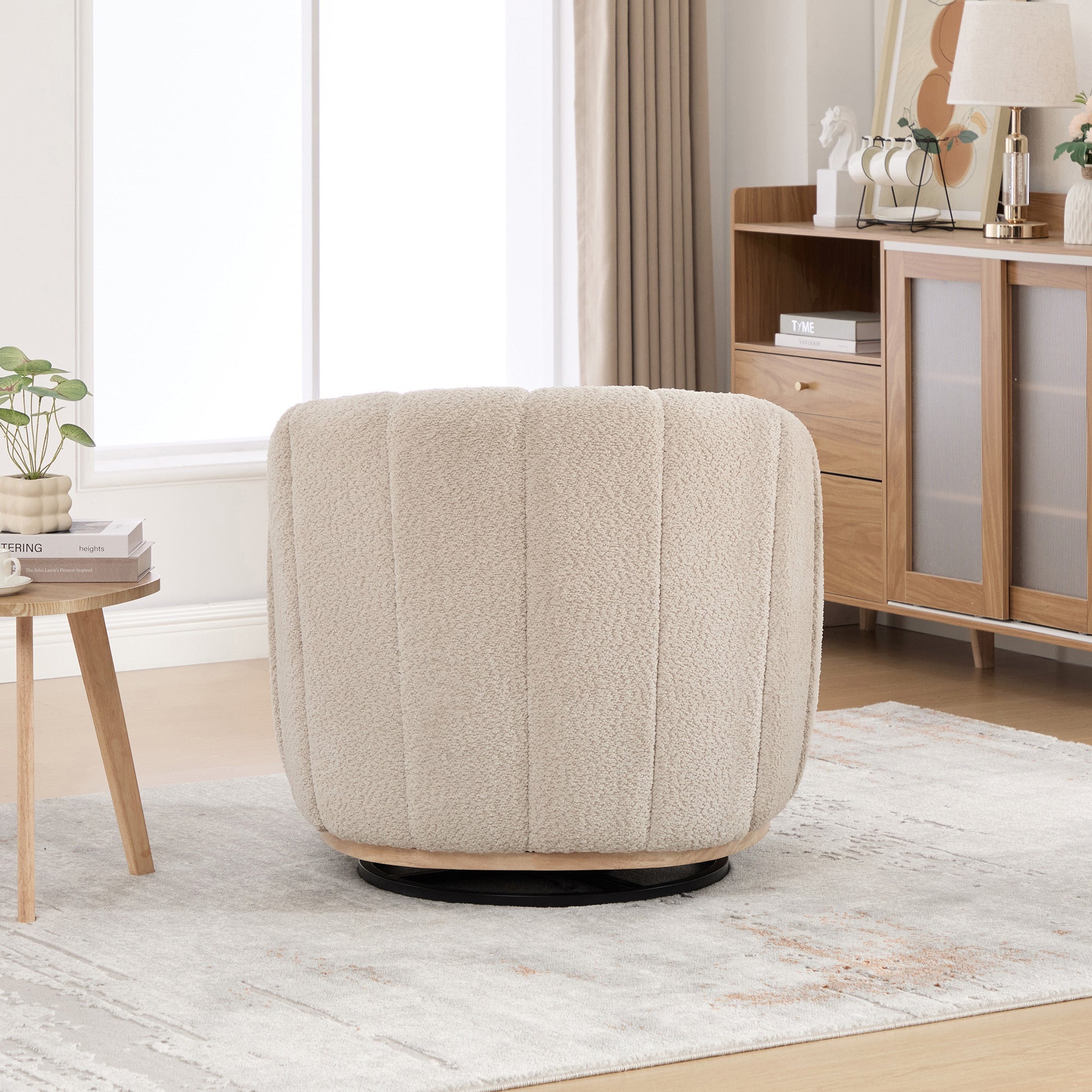 Eaton Wheat Swivel Barrel Chair with Metal Base and Tufted-Chenille Upholstery