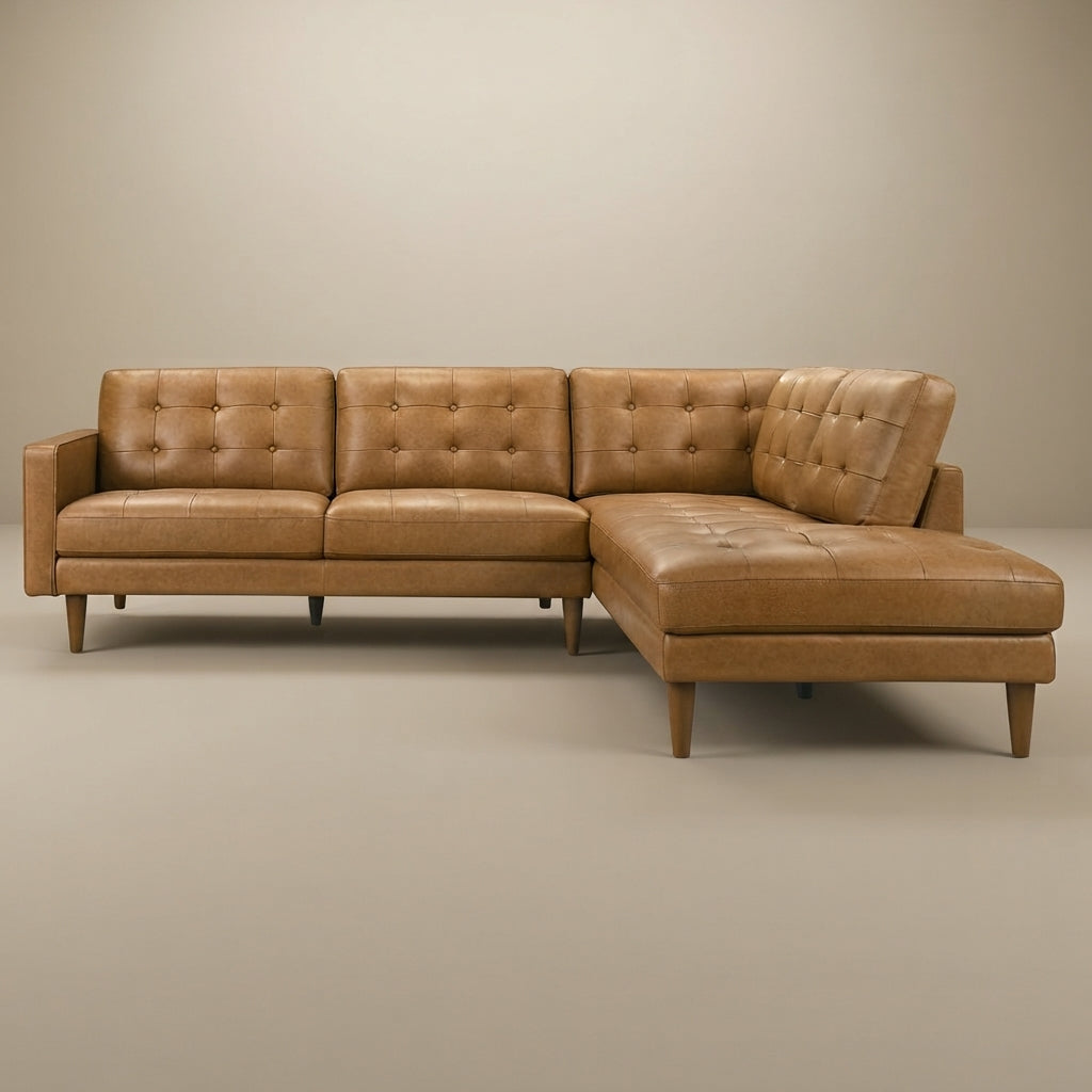 Lugano L-Shaped Genuine Tan Leather Right-Facing Sectional Sofa