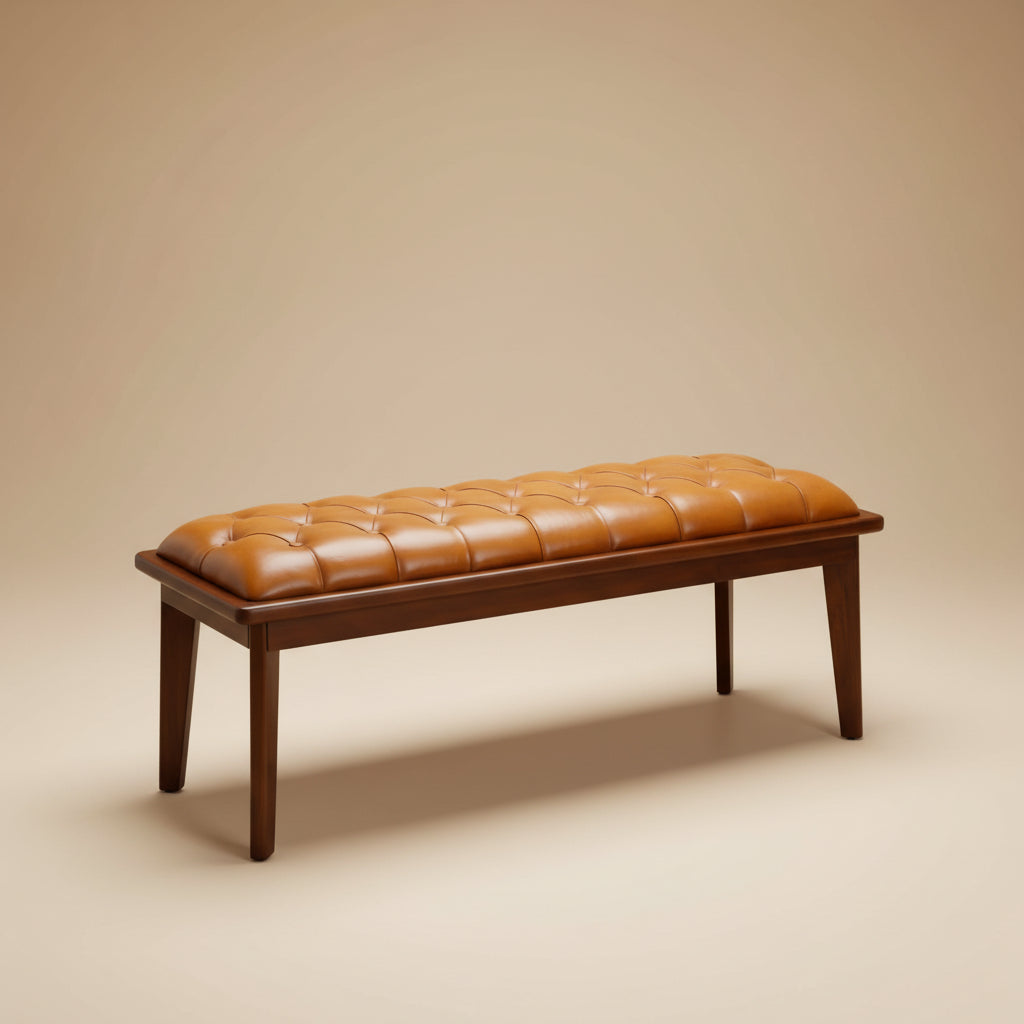 Arlington Tan Leather Bench w/Buttons