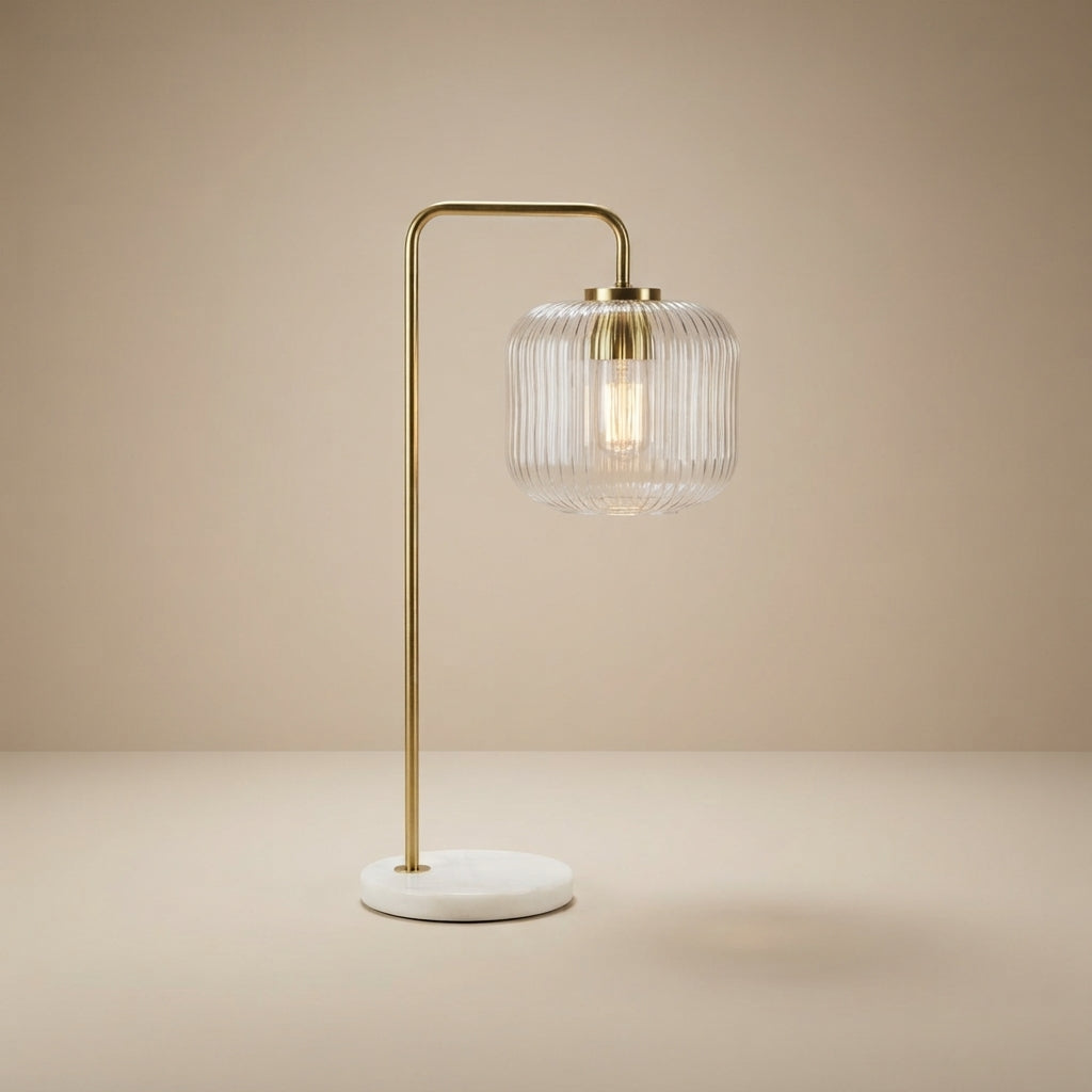 Haven Clear Glass Table Lamp, Gold Brush Metal and Marble Base, Button Control