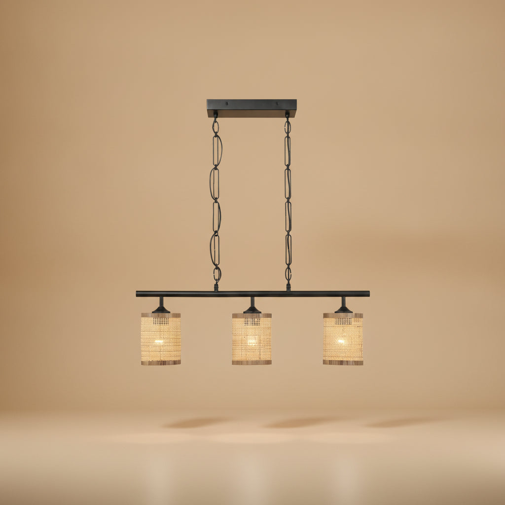 Elysian Three Lights Island With Natural Rattan Shade Farmhouse Chain Ceiling Lamp