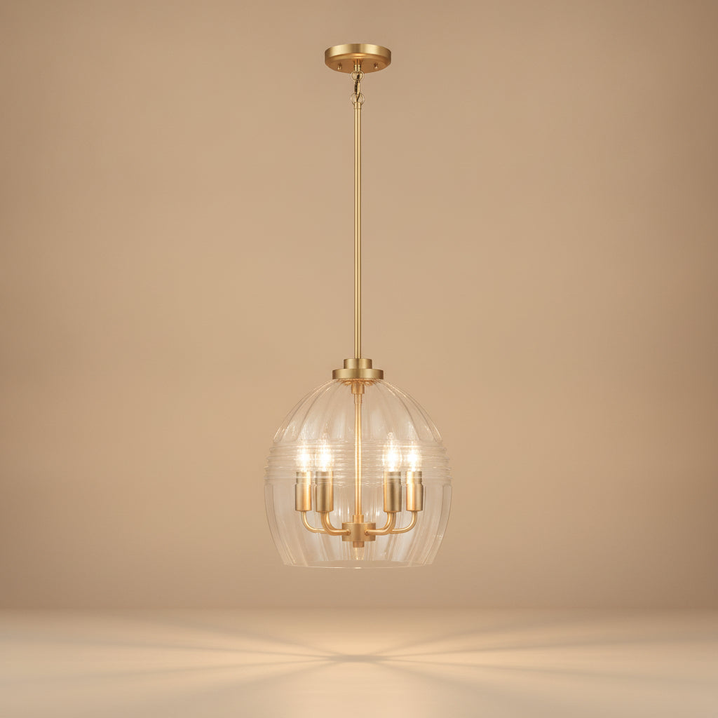 Zen Five Pendant Chain Hanging Light with Clear Glass - Satin Brass