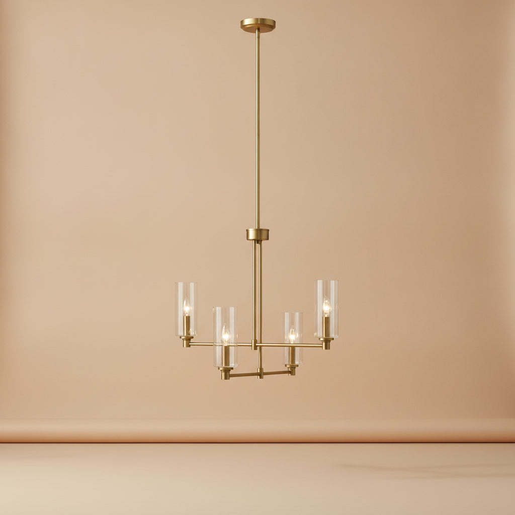 Enigma Four Lights Chandelier With Clear Ribbed Glass -Satin Brass
