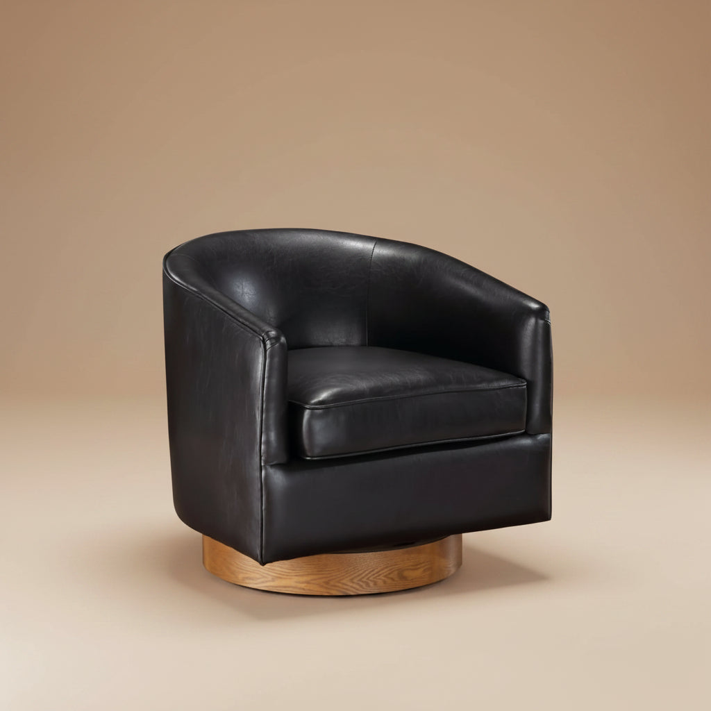 Maisy Brown Vegan Leather Barrel Swivel Chair with Wood Base