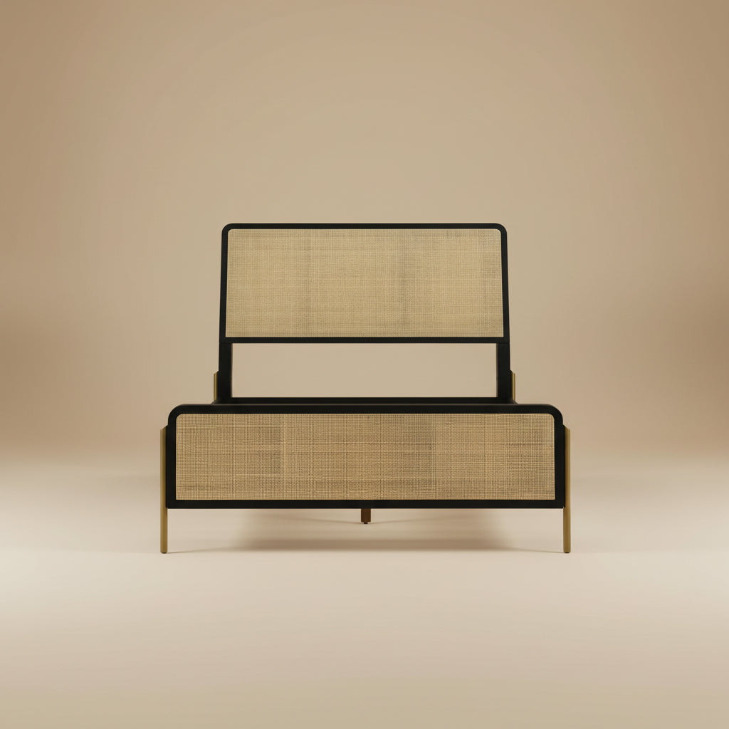 Arini Rattan Panel Bed Black and Natural
