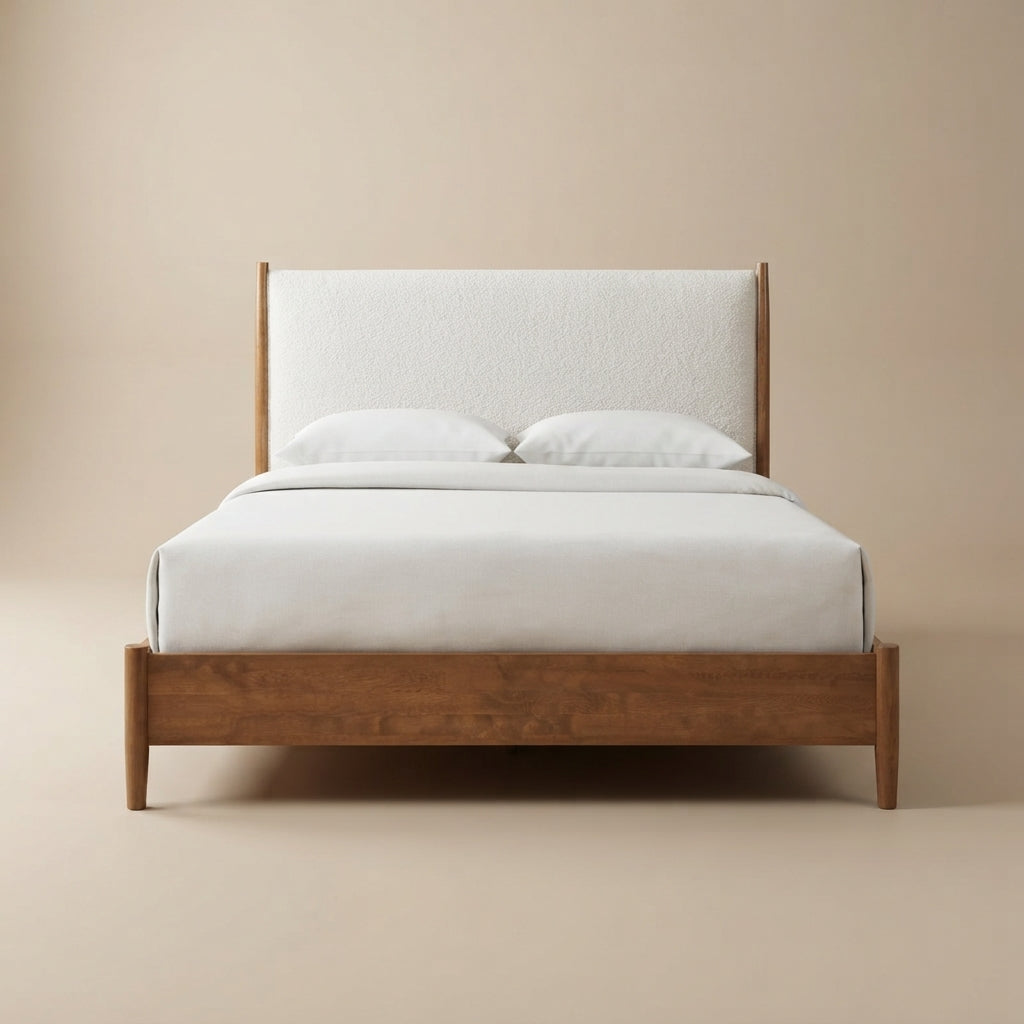 Thusis Mid-Century Modern Walnut and Beige Boucle Upholstered 4-Piece Queen Bedroom Set