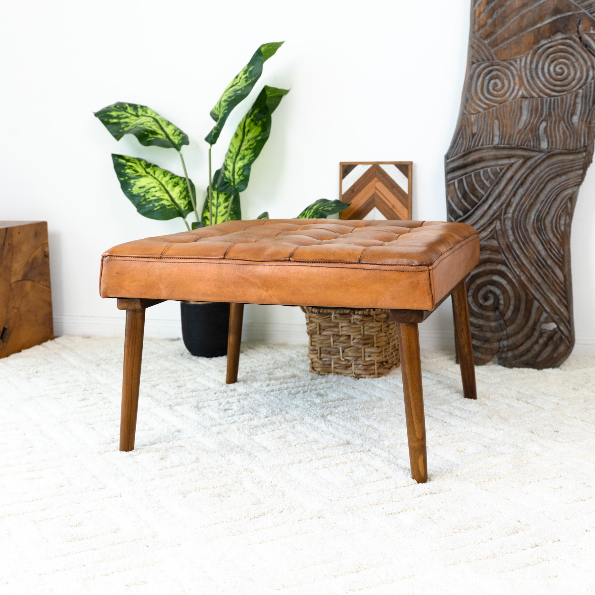 Katy Tan Leather Ottoman w/ Buttons