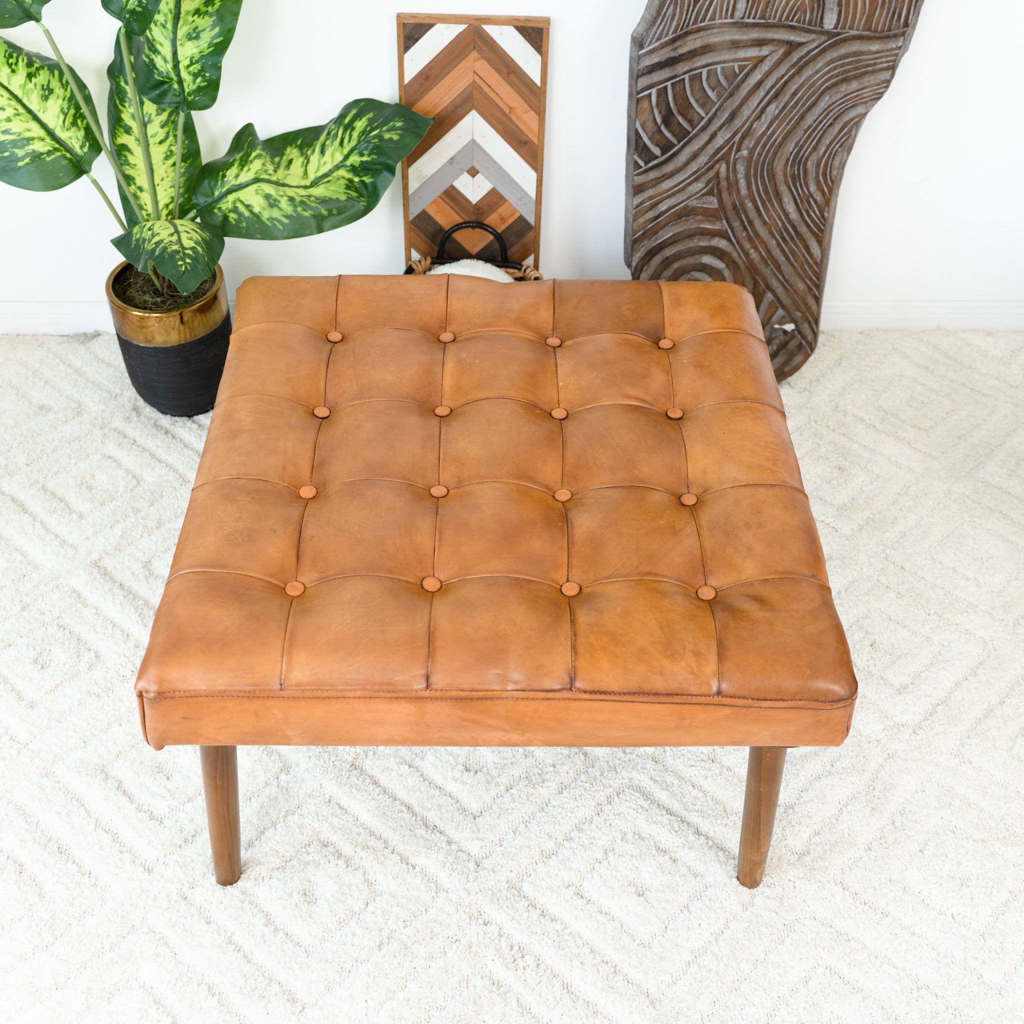 Katy Tan Leather Ottoman w/ Buttons