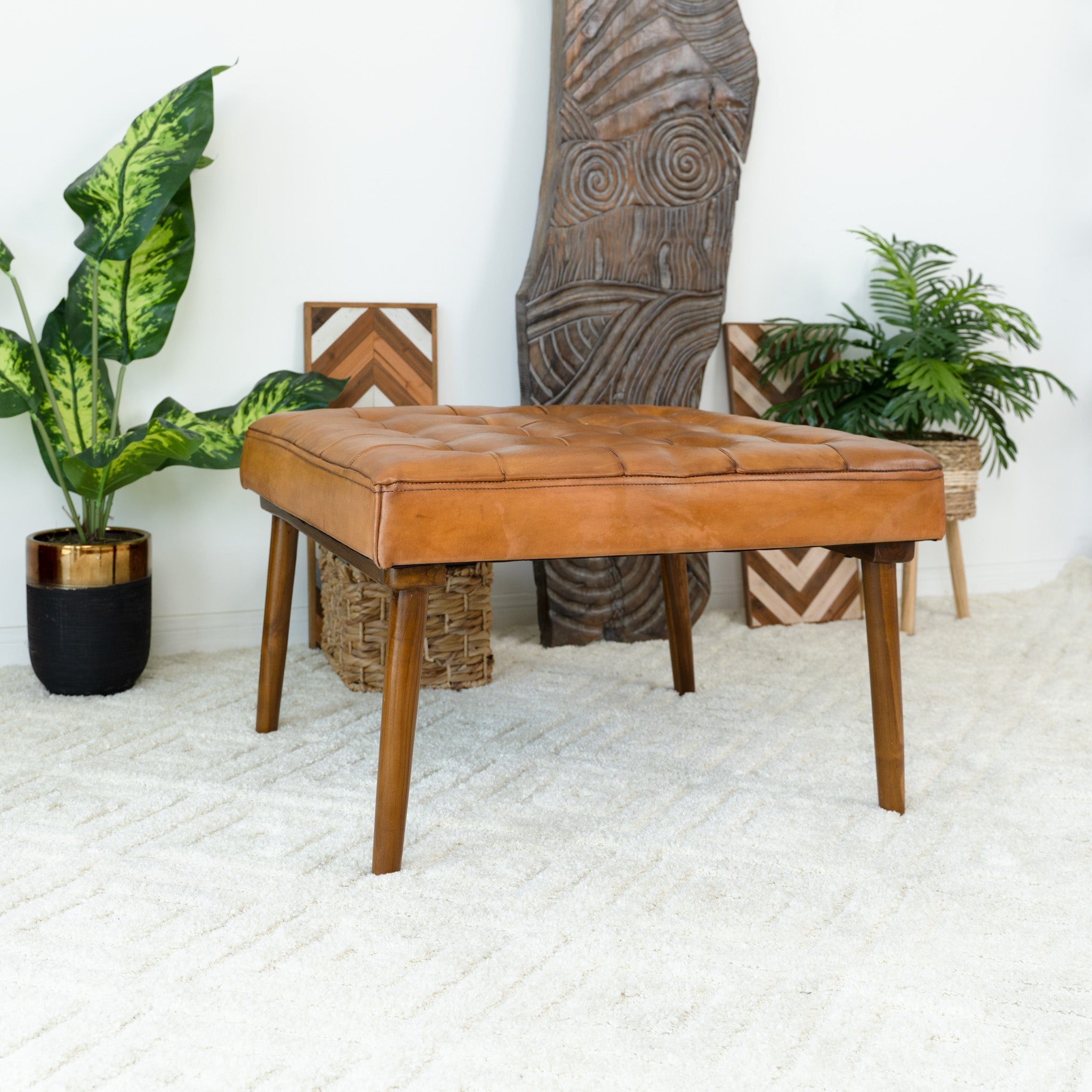 Katy Tan Leather Ottoman w/ Buttons