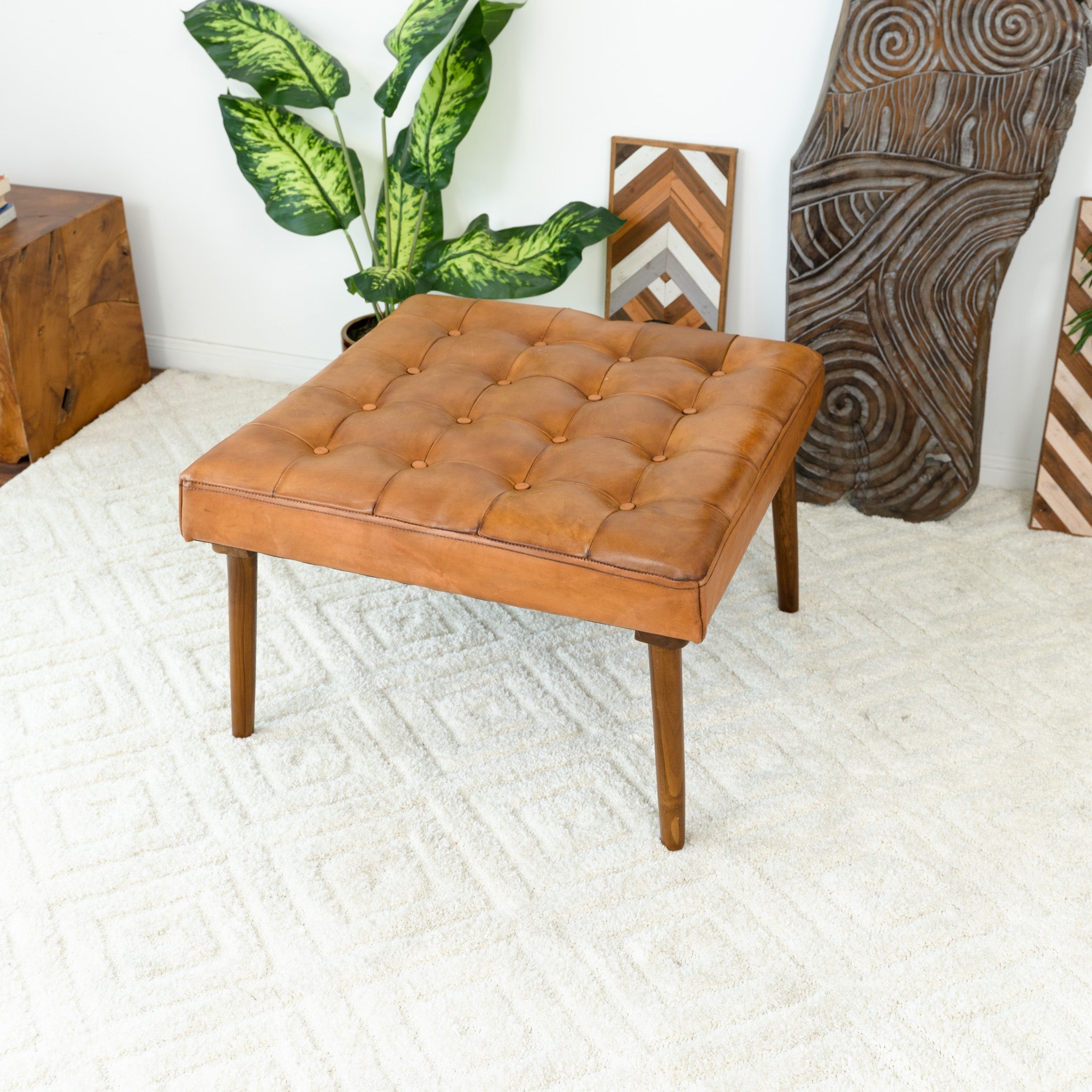 Katy Tan Leather Ottoman w/ Buttons
