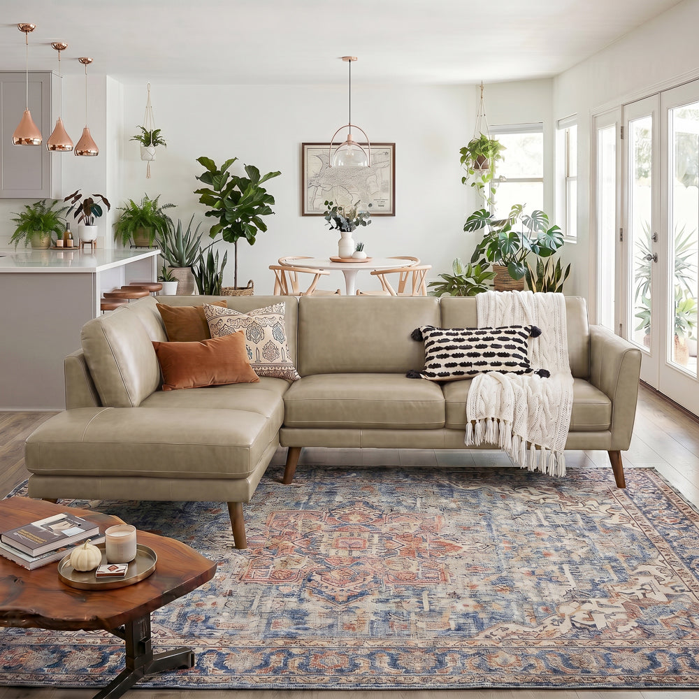 Bexley Beige Leather Sectional Sofa Left Facing Chaise